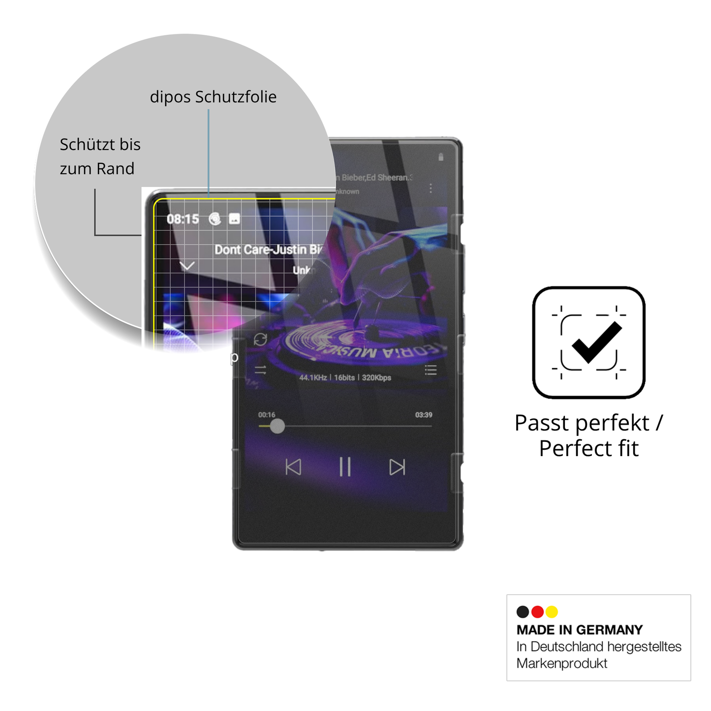 Schutz gegen Kratzer auf dem AHENOD G15 MP3-Player Glas durch Schlüssel oder Ähnliches