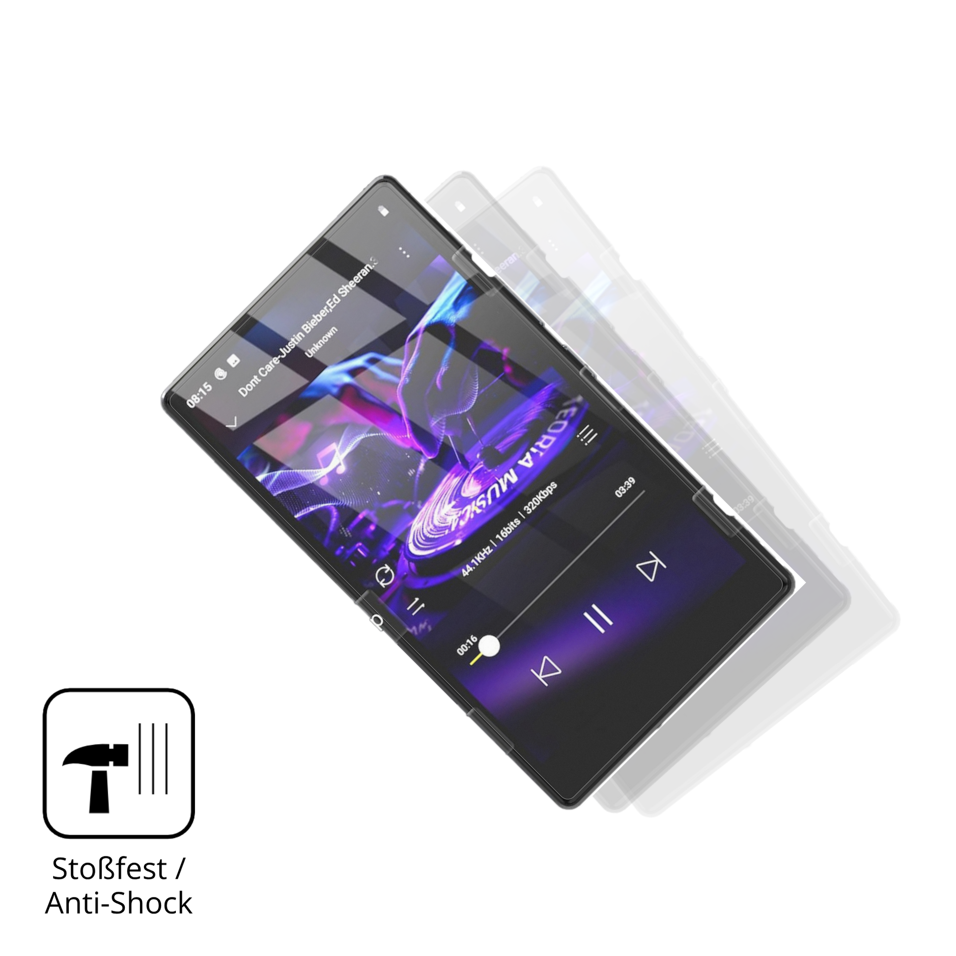 Schutz gegen Kratzer auf dem AHENOD G15 MP3-Player Glas durch Schlüssel, Stöße gegen die Tischkante oder Stürze