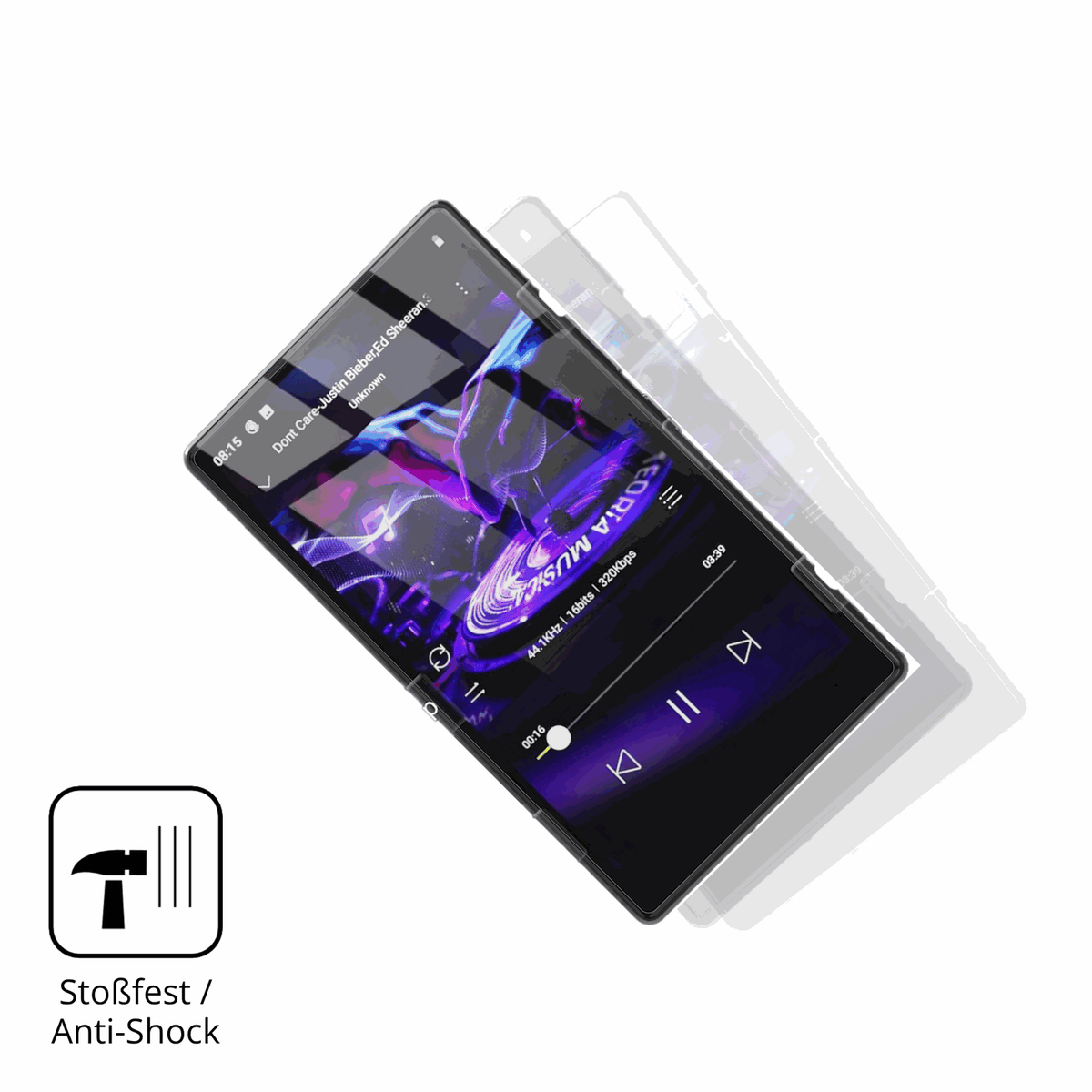 Schutz gegen Kratzer auf dem AHENOD G15 MP3-Player Glas durch Schlüssel, Stöße gegen die Tischkante oder Stürze