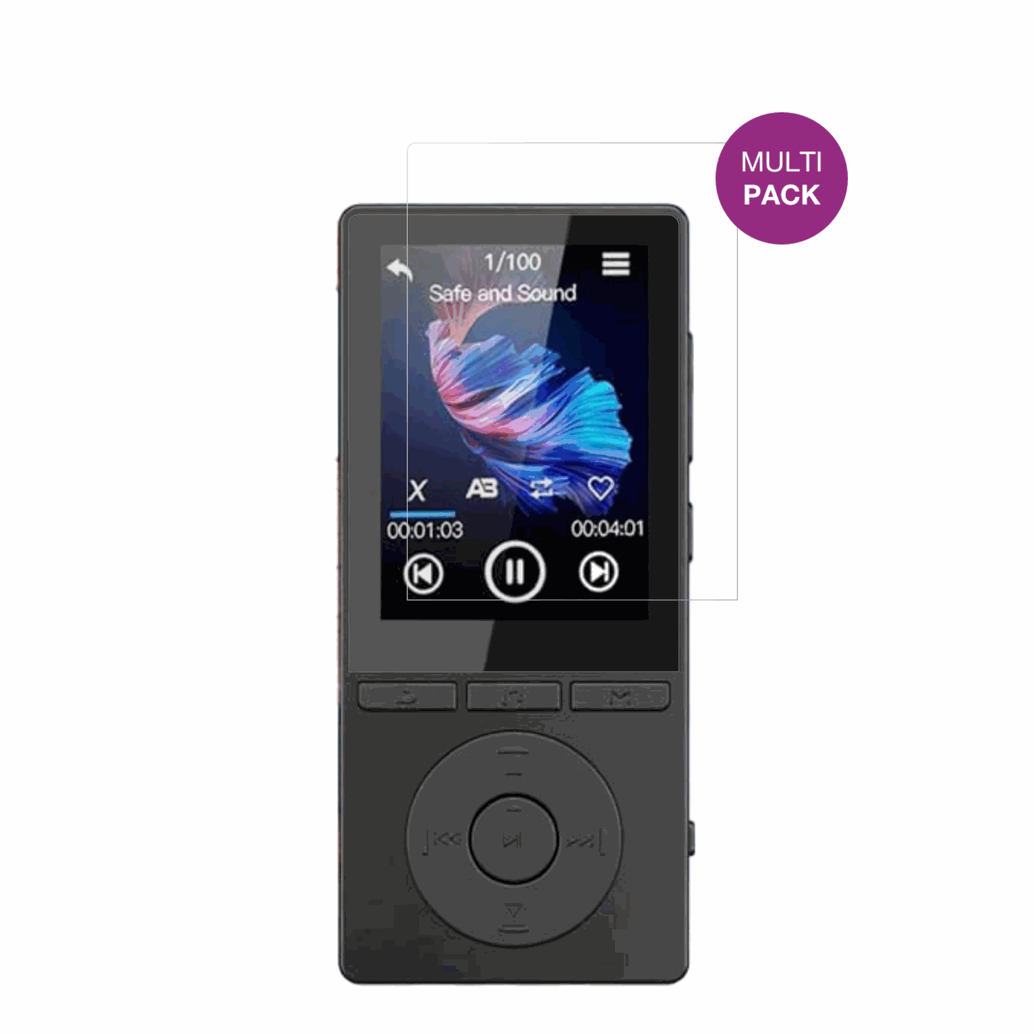 AiandccM6 MP3-Player mit aufgebrachter dipos Displayschutzfolie, glasklare Darstellung ohne Einschränkungen