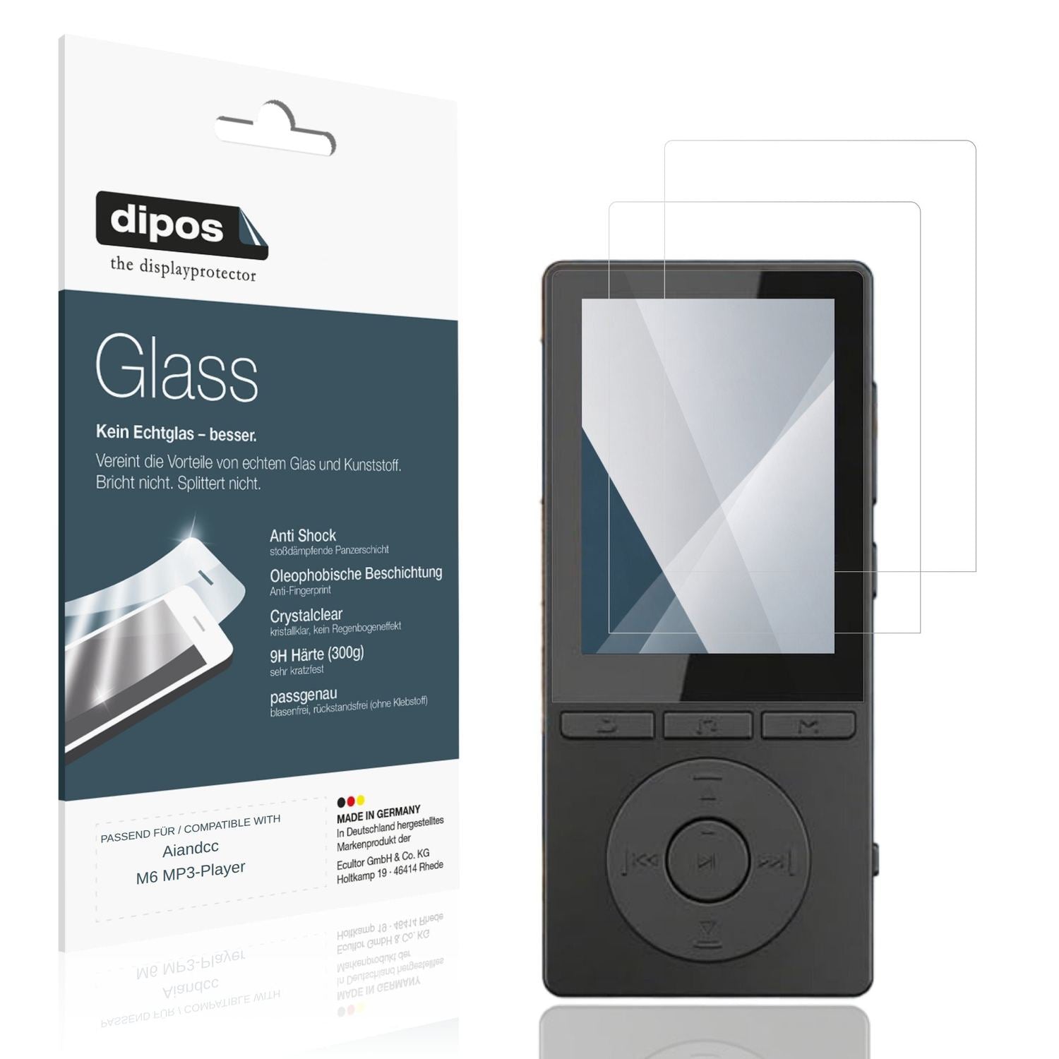 Klare Displayschutzfolie von dipos passend für Aiandcc M6 MP3-Player, 9H kratzfest und blasenfrei montiert