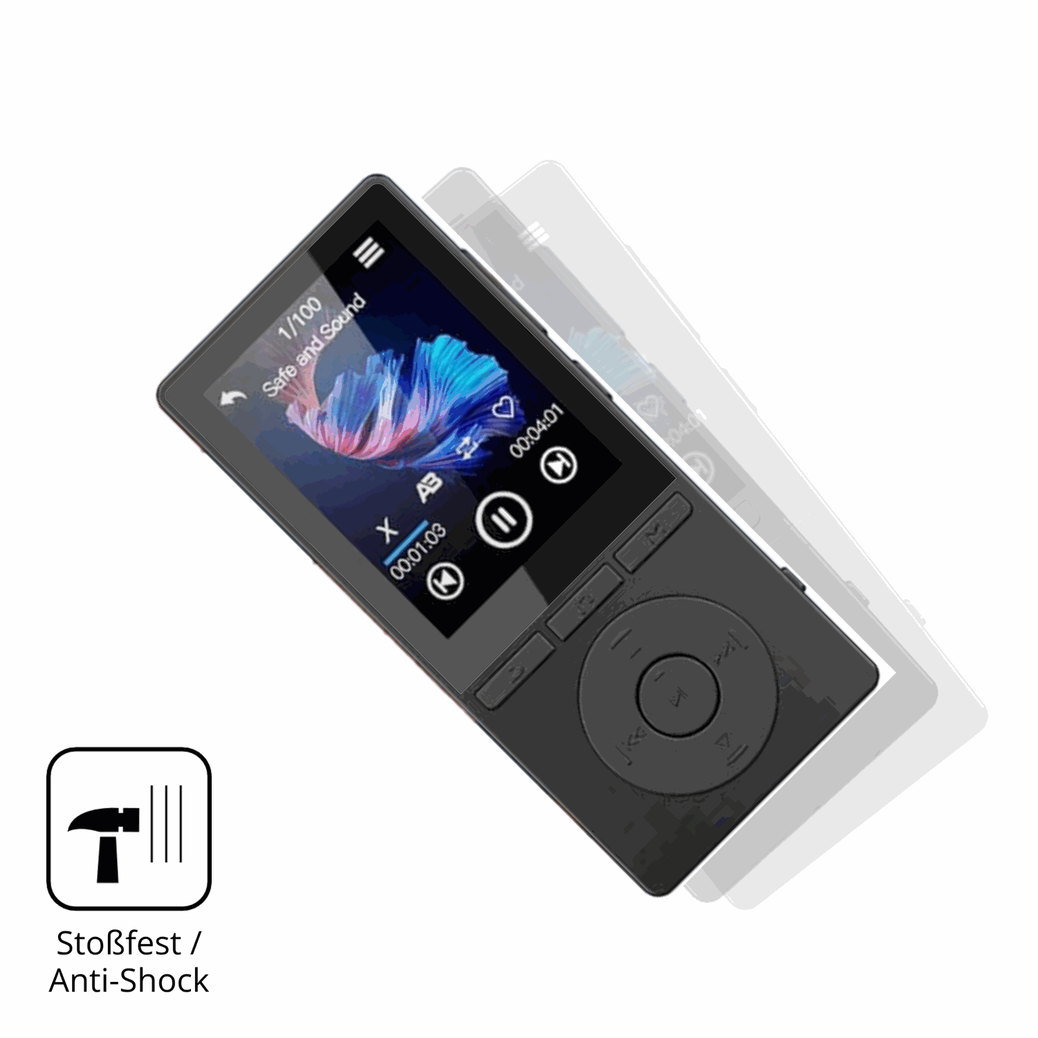 Schutz gegen Kratzer auf dem Aiandcc M6 MP3-Player Glas durch Schlüssel, Stöße gegen die Tischkante oder Stürze