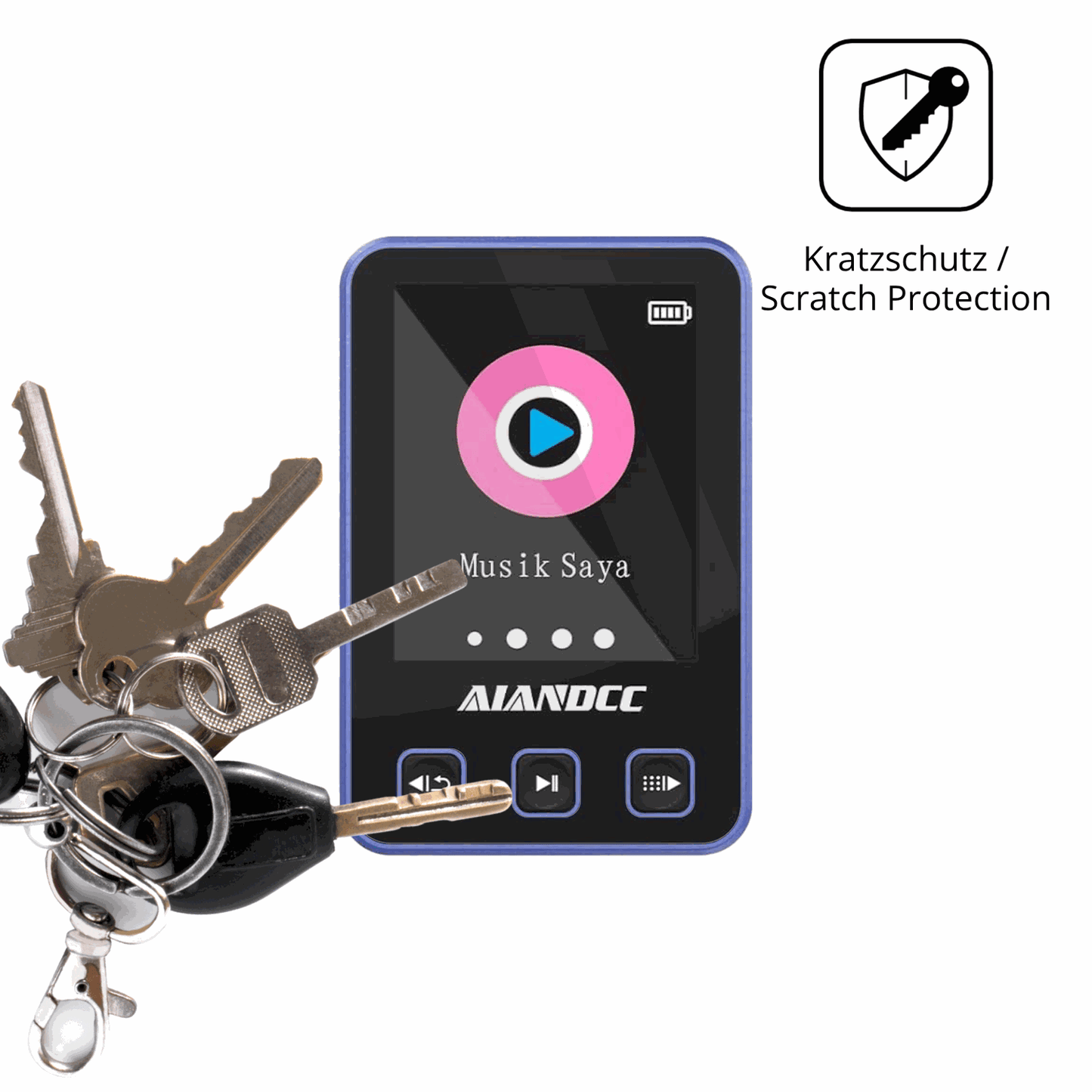 Schutz gegen Kratzer auf dem Aiandcc M8 MP3-Player Glas durch Schlüssel oder Ähnliches