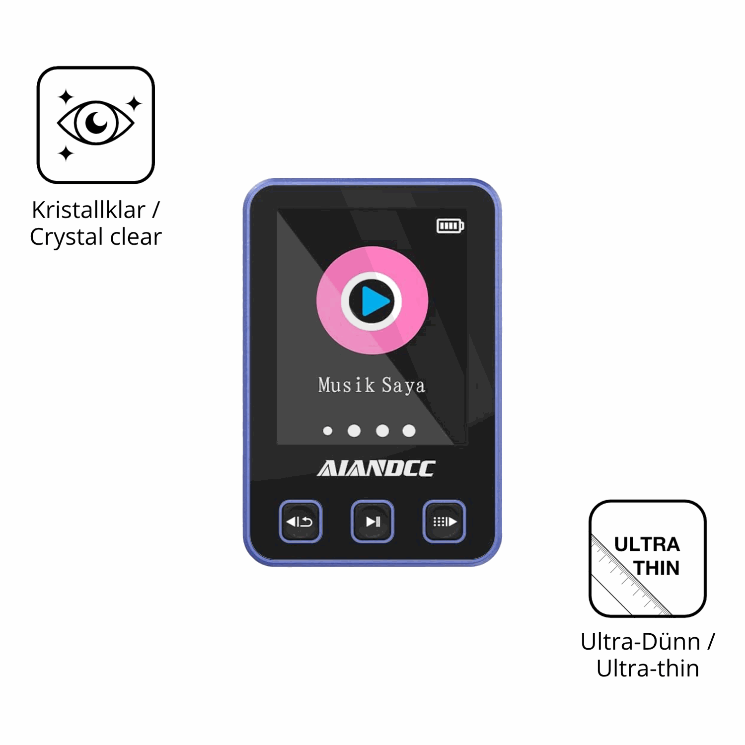 Dünne und klare Folie passend zugeschnitten für Aiandcc M8 MP3-Player