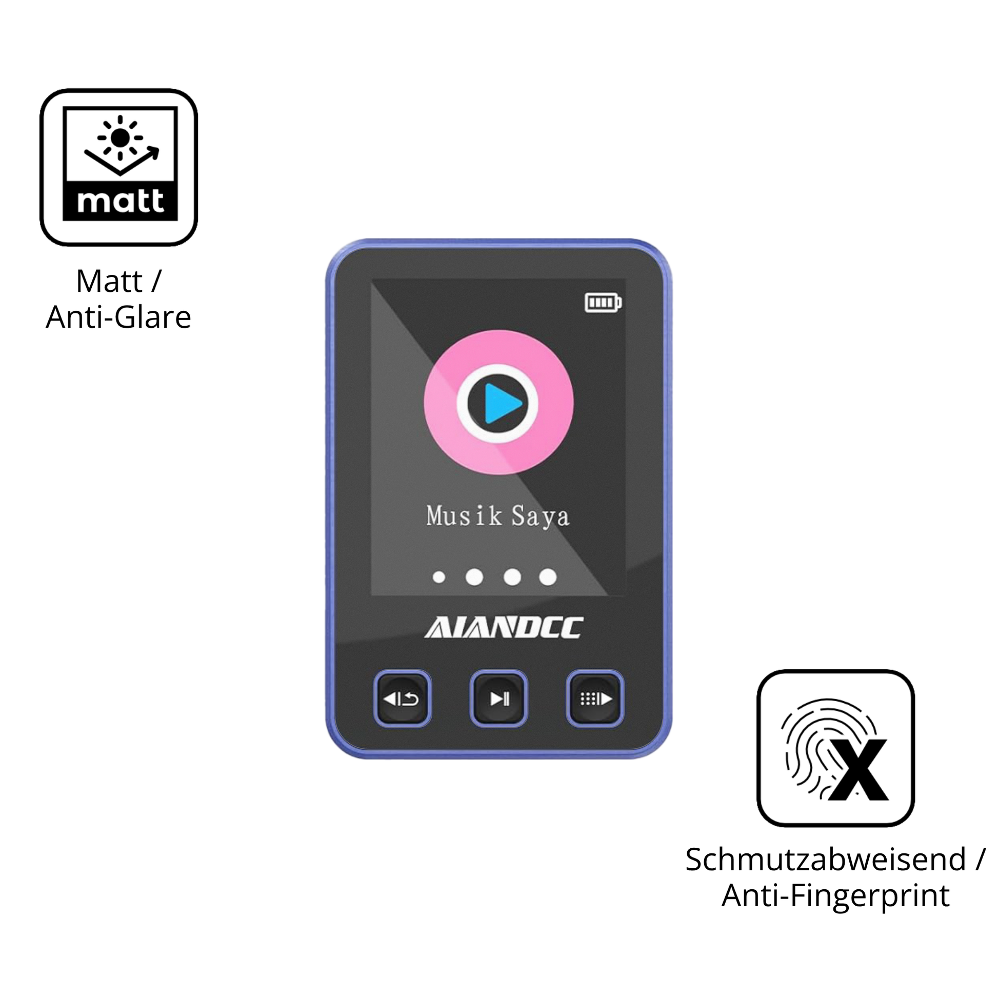 9H Hartbeschichtete, flexible Folie passend zugeschnitten für Aiandcc M8 MP3-Player