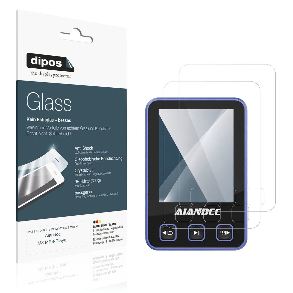 Klare Displayschutzfolie von dipos passend für Aiandcc M8 MP3-Player, 9H kratzfest und blasenfrei montiert