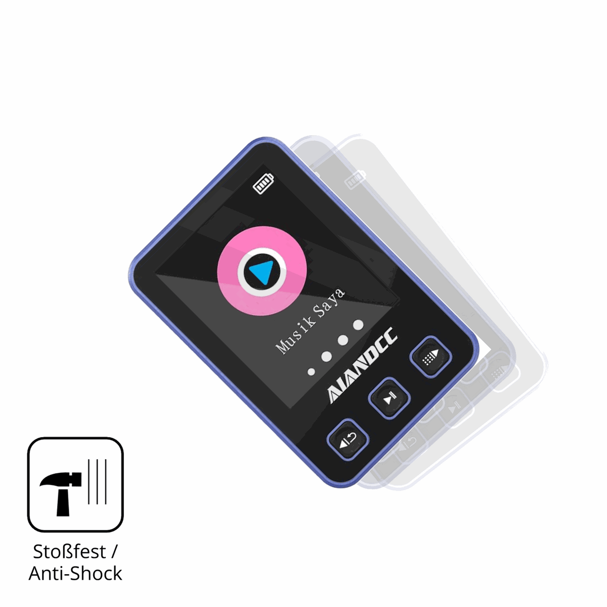 Schutz gegen Kratzer auf dem Aiandcc M8 MP3-Player Glas durch Schlüssel, Stöße gegen die Tischkante oder Stürze