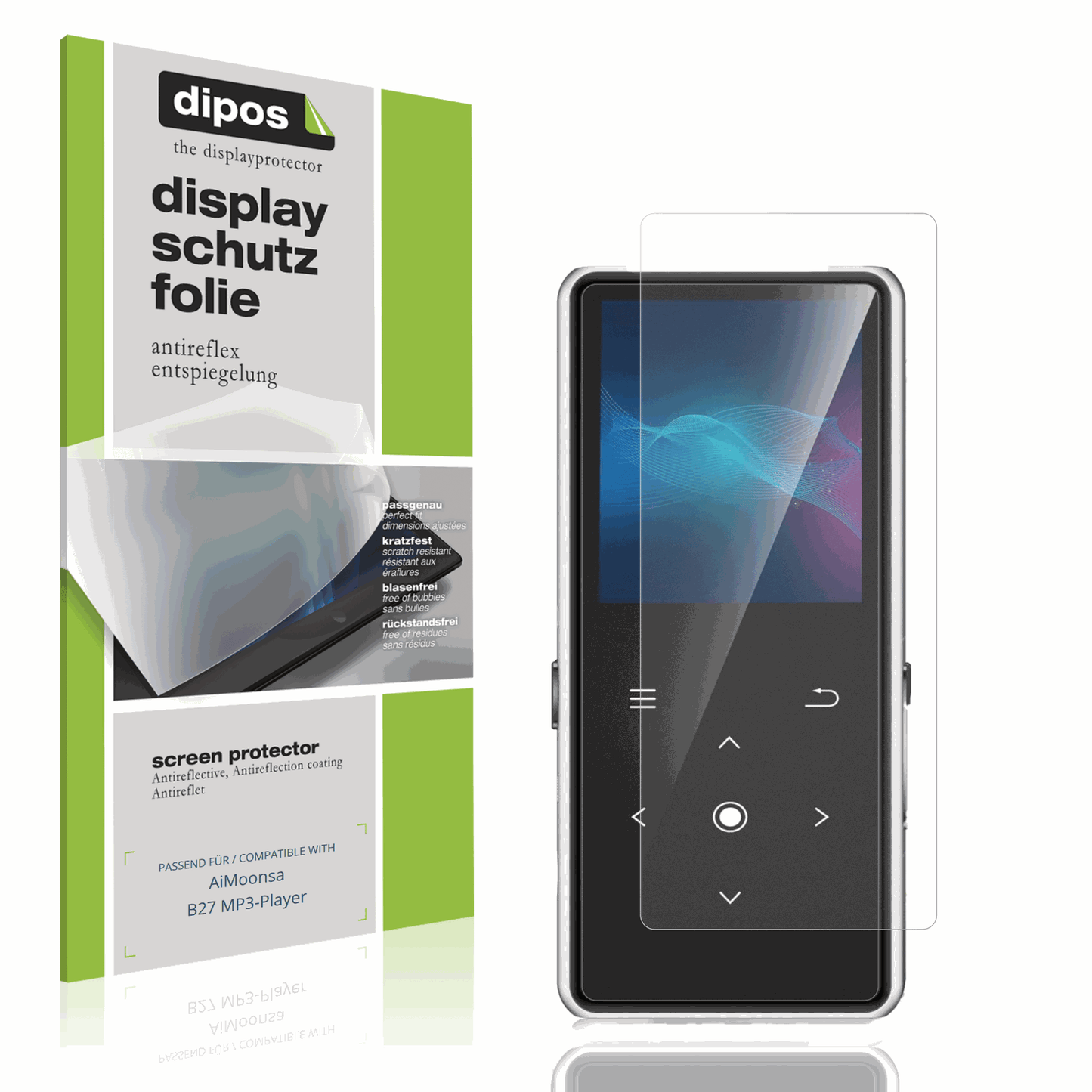 Matte Displayschutzfolie von dipos passend für AiMoonsa B27 MP3-Player, präziser Zuschnitt und blasenfrei montiert