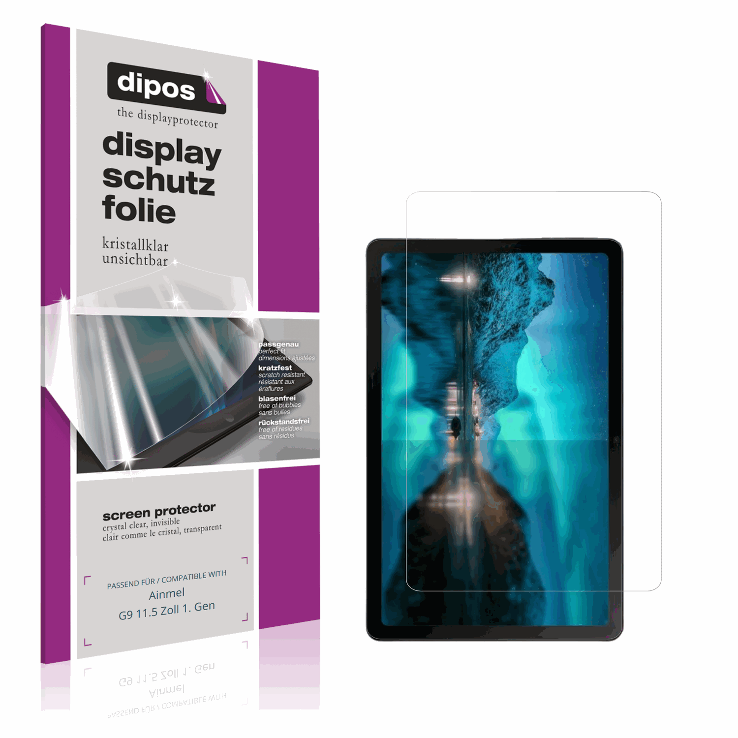 Klare Displayschutzfolie von dipos passend für Ainmel G9 11.5 Zoll 1. Gen, präziser Zuschnitt und blasenfrei montiert