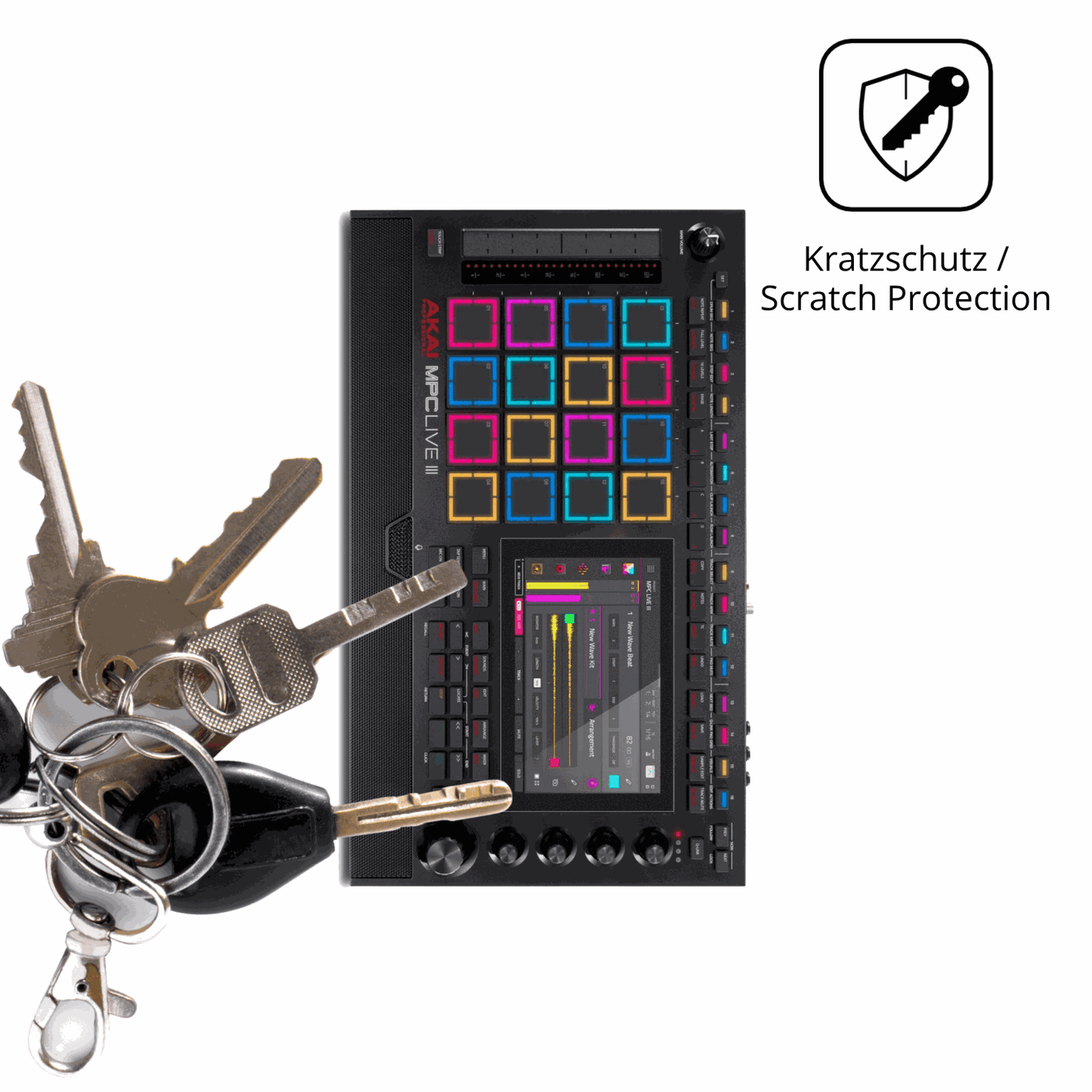 Schutz gegen Kratzer auf dem Akai MPC Live III Glas durch Schlüssel oder Ähnliches