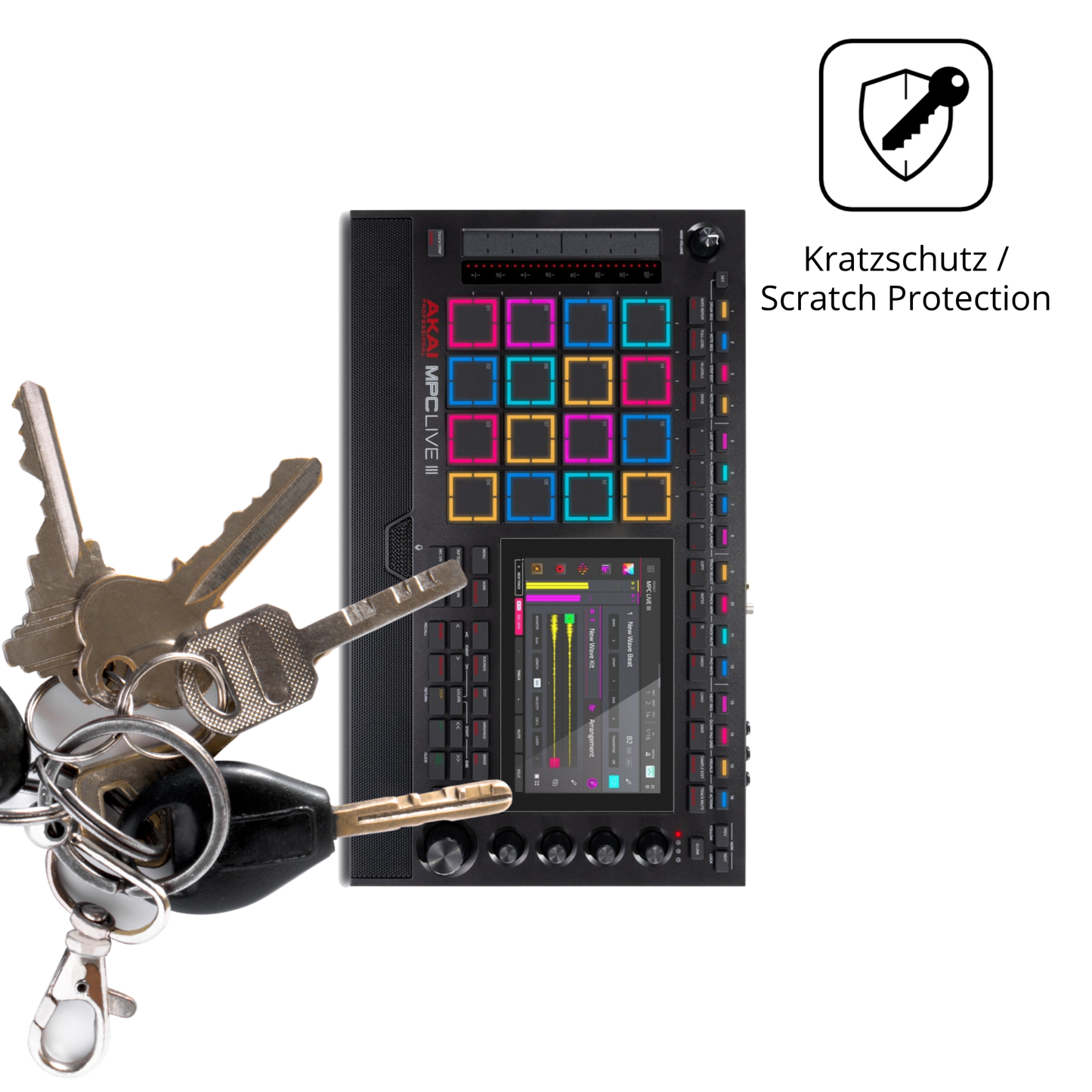 Schutz gegen Kratzer auf dem Akai MPC Live III Glas durch Schlüssel oder Ähnliches