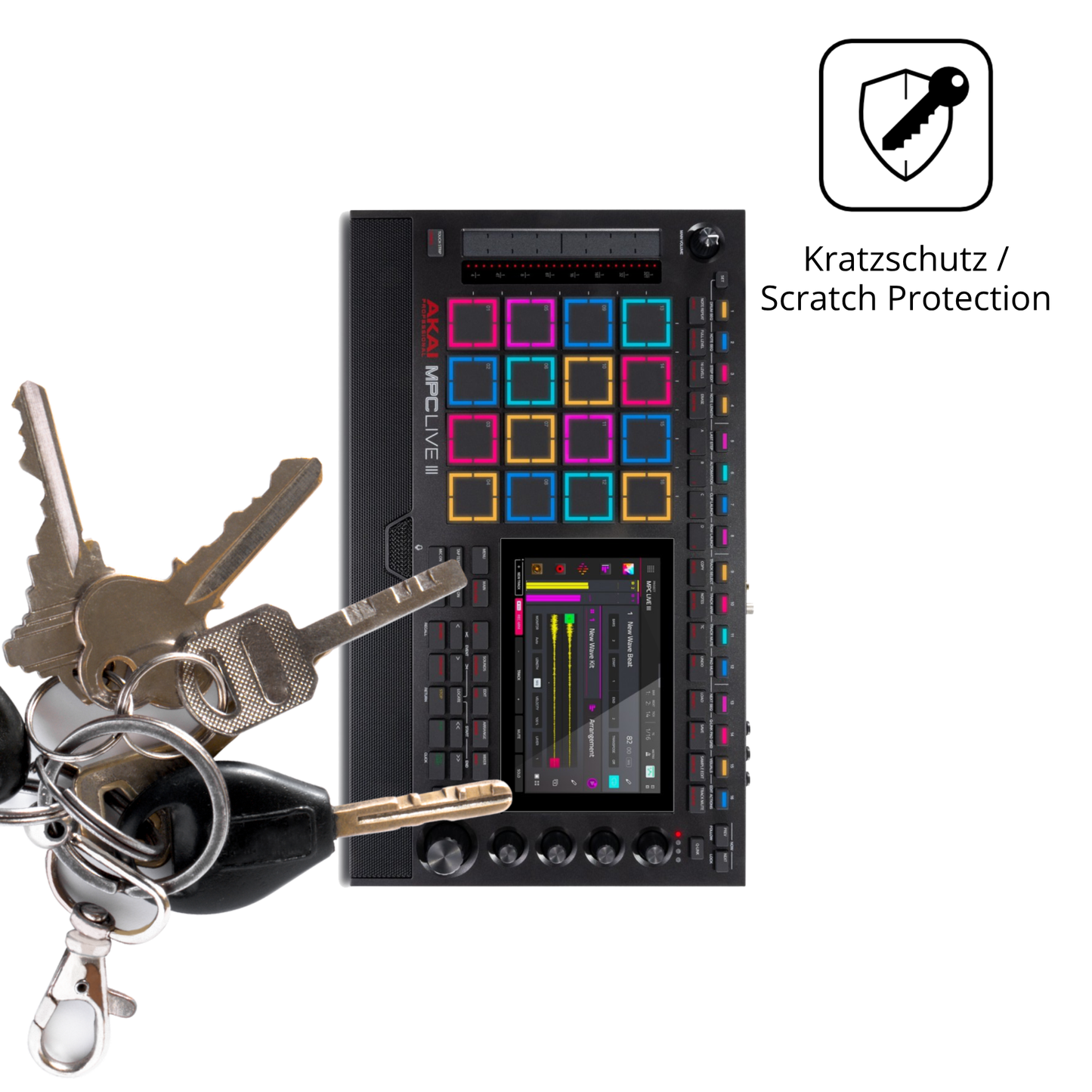 Schutz gegen Kratzer auf dem Akai MPC Live III Glas durch Schlüssel oder Ähnliches