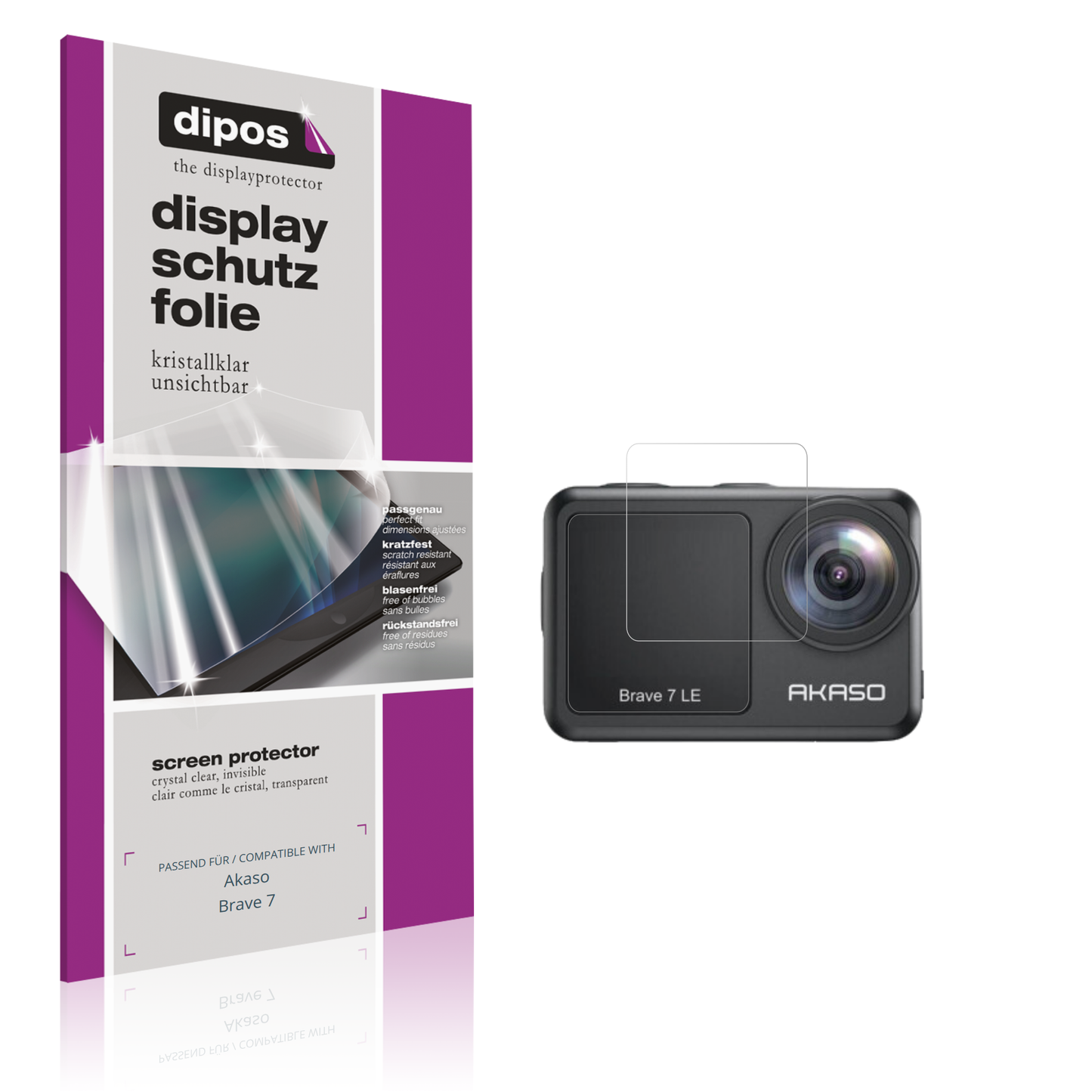 Klare Displayschutzfolie von dipos passend für Akaso Brave 7, präziser Zuschnitt und blasenfrei montiert