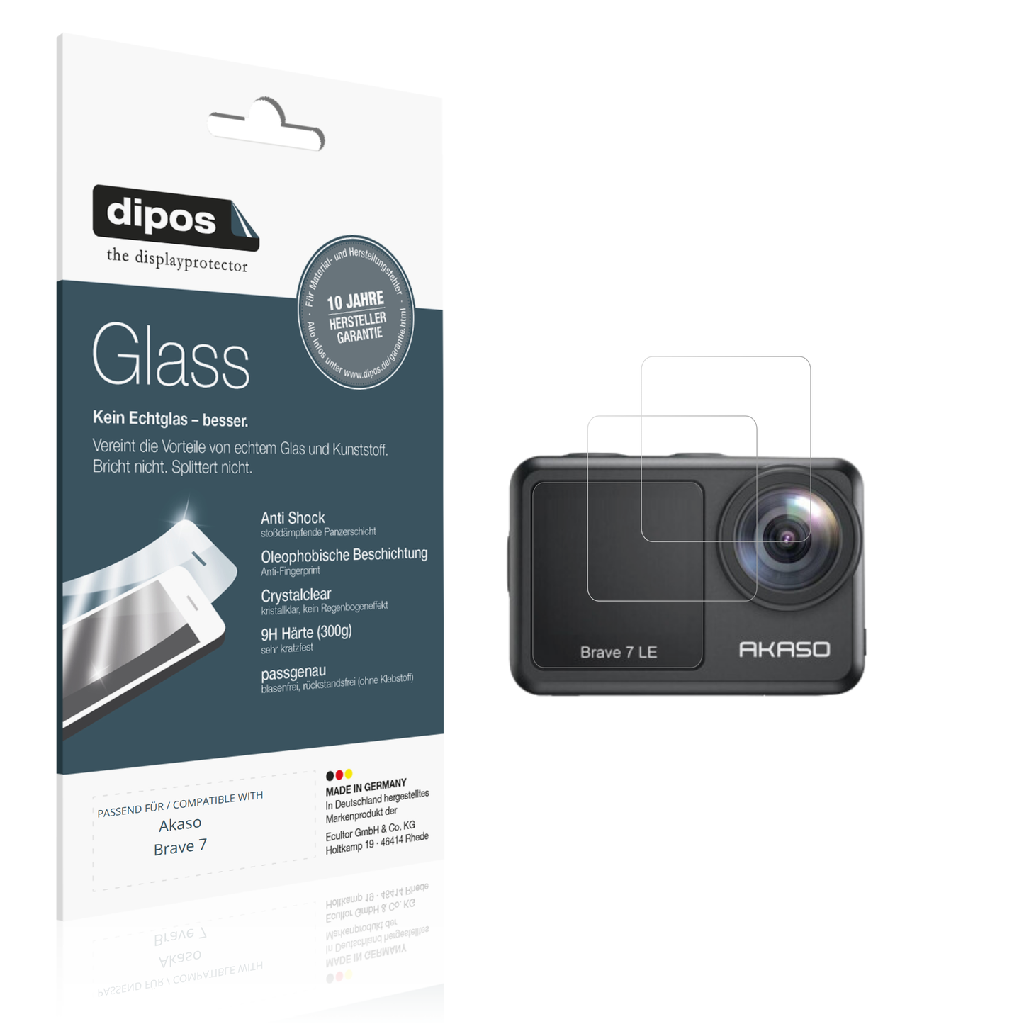 Klare Displayschutzfolie von dipos passend für Akaso Brave 7, 9H kratzfest und blasenfrei montiert