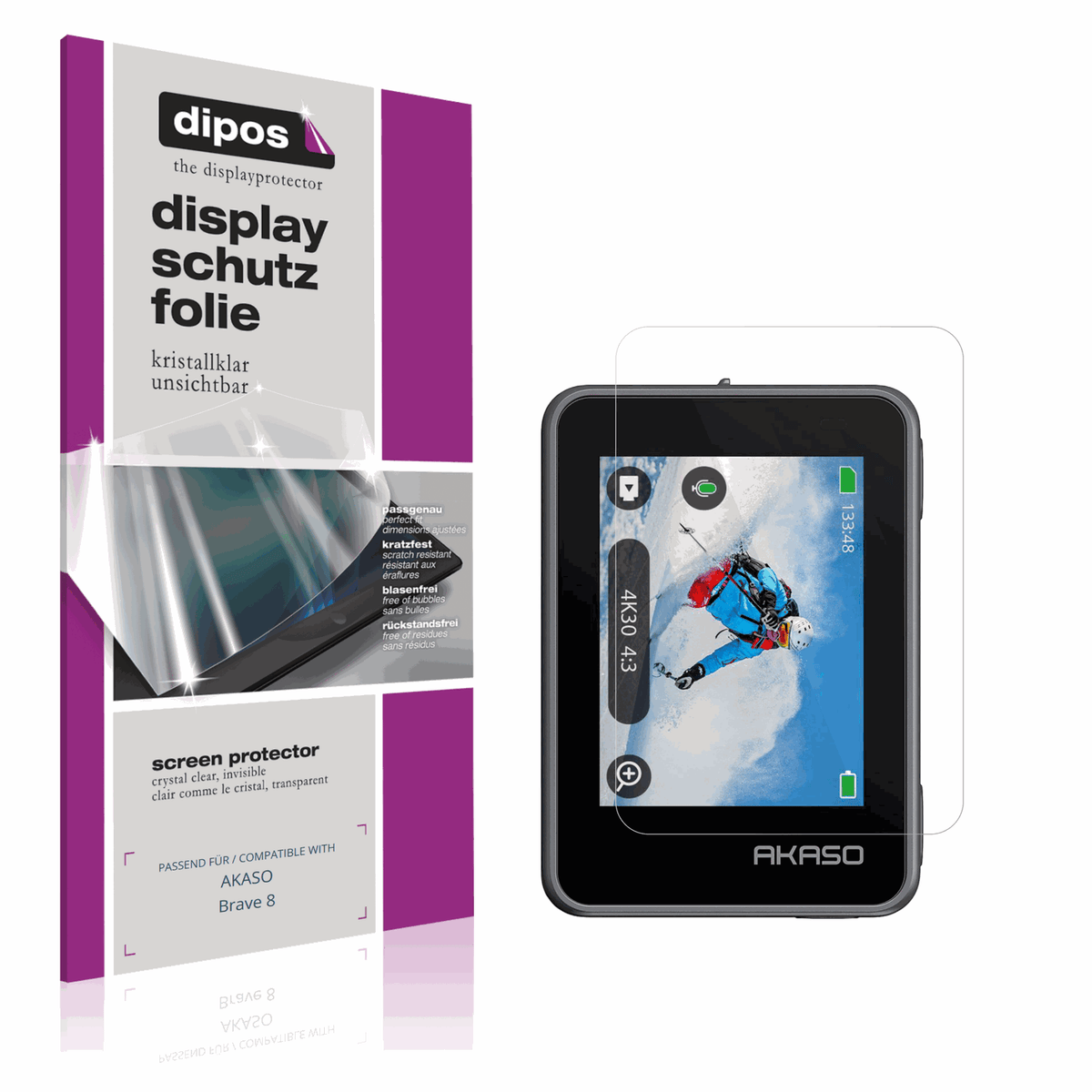 Klare Displayschutzfolie von dipos passend für AKASO Brave 8, präziser Zuschnitt und blasenfrei montiert