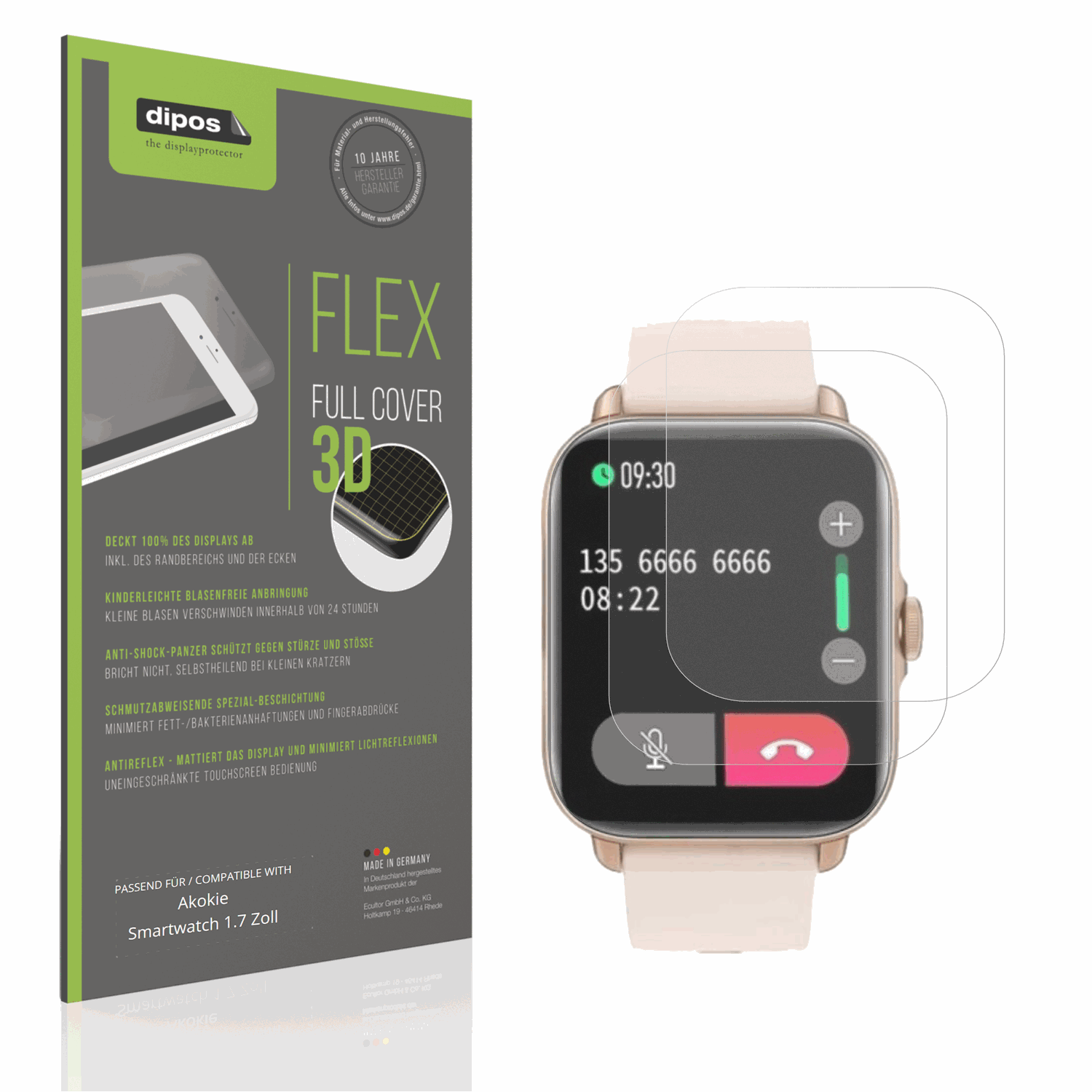 Matte Displayschutzfolie von dipos passend für akokiesmartwatch 1.7 zoll, 100% Displayabdeckung und blasenfreie Montage