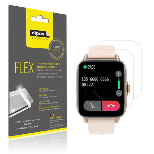 Klare Displayschutzfolie von dipos passend für akokiesmartwatch 1.7 zoll, 100% Displayabdeckung und blasenfreie Montage
