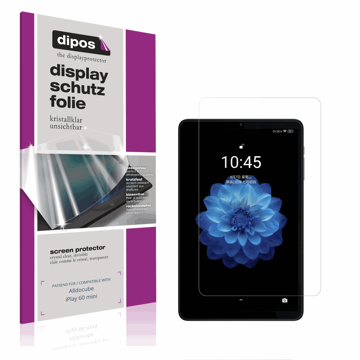 Klare Displayschutzfolie von dipos passend für alldocubeiplay 60 mini, präziser Zuschnitt und blasenfrei montiert