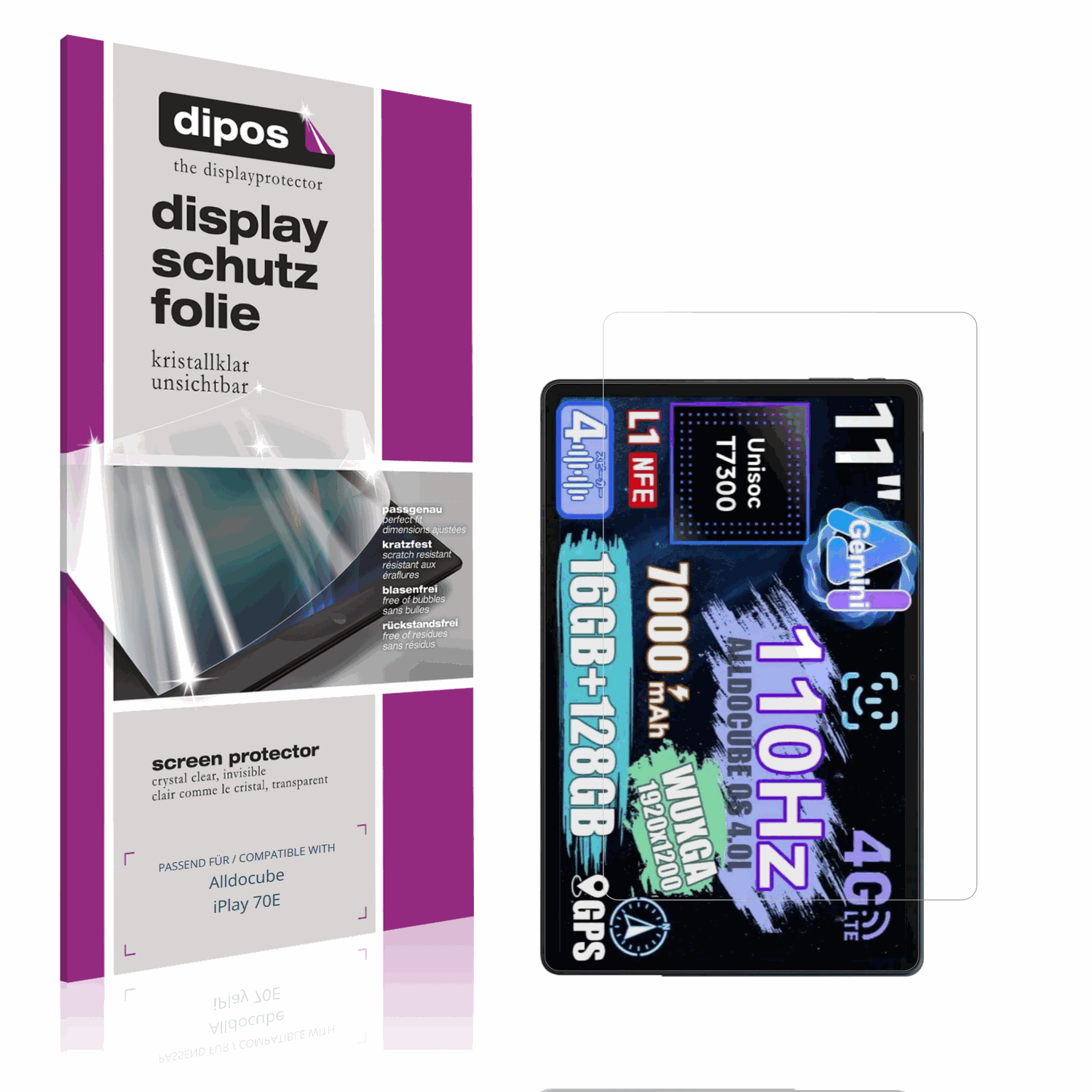 Klare Displayschutzfolie von dipos passend für alldocubeiplay 70e, präziser Zuschnitt und blasenfrei montiert