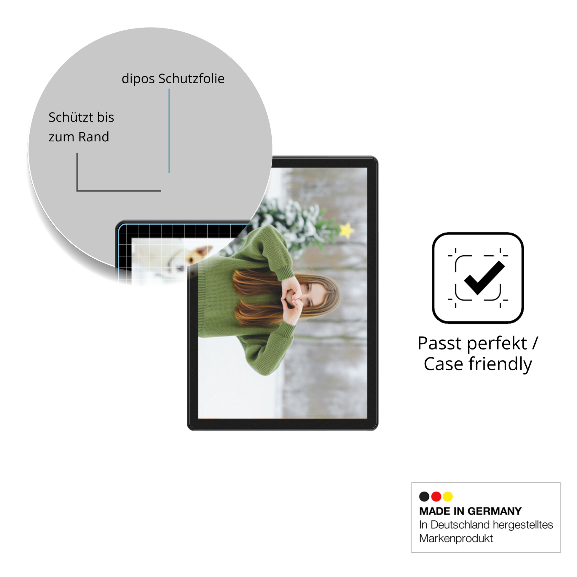 Schutzglasfolie mit optimaler Passform, zur Verwendung mit Hüllen geeignet