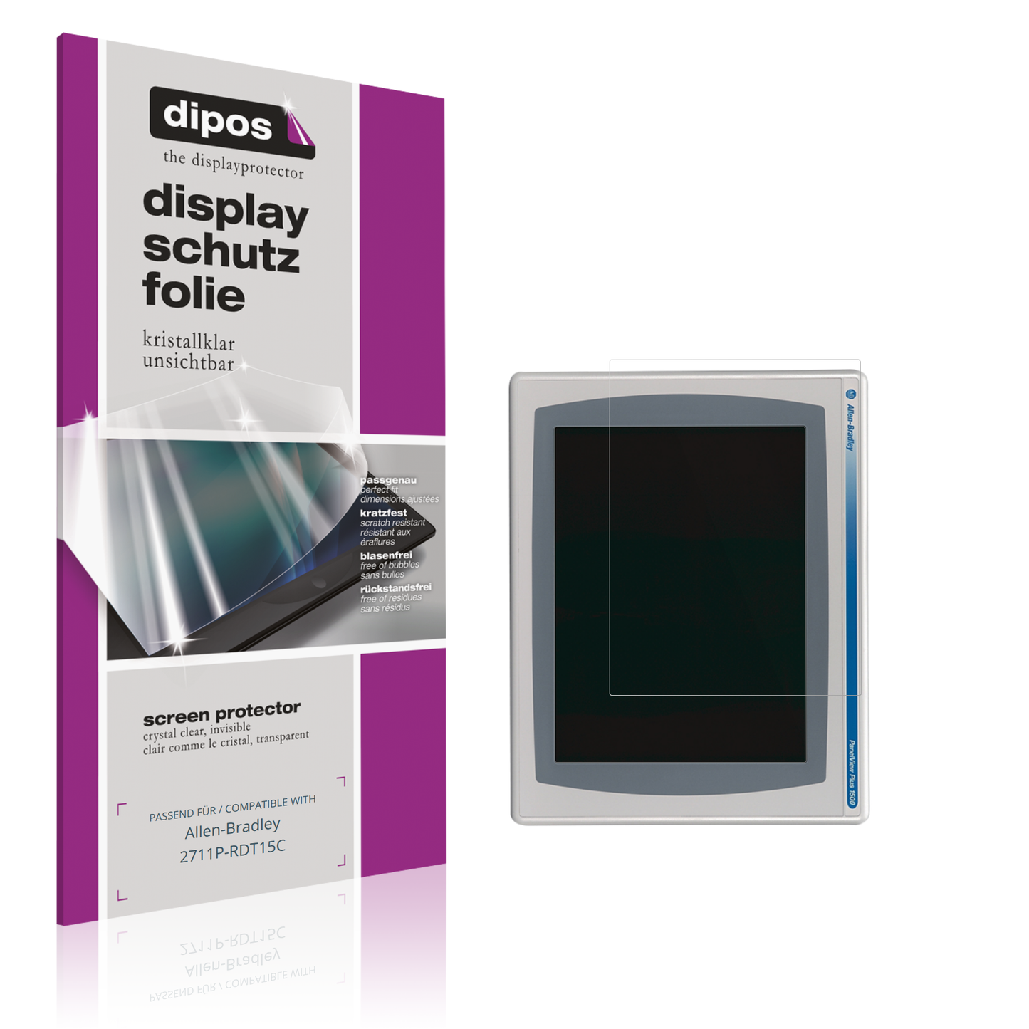 Klare Displayschutzfolie von dipos passend für Allen-Bradley 2711P-RDT15C, präziser Zuschnitt und blasenfrei montiert