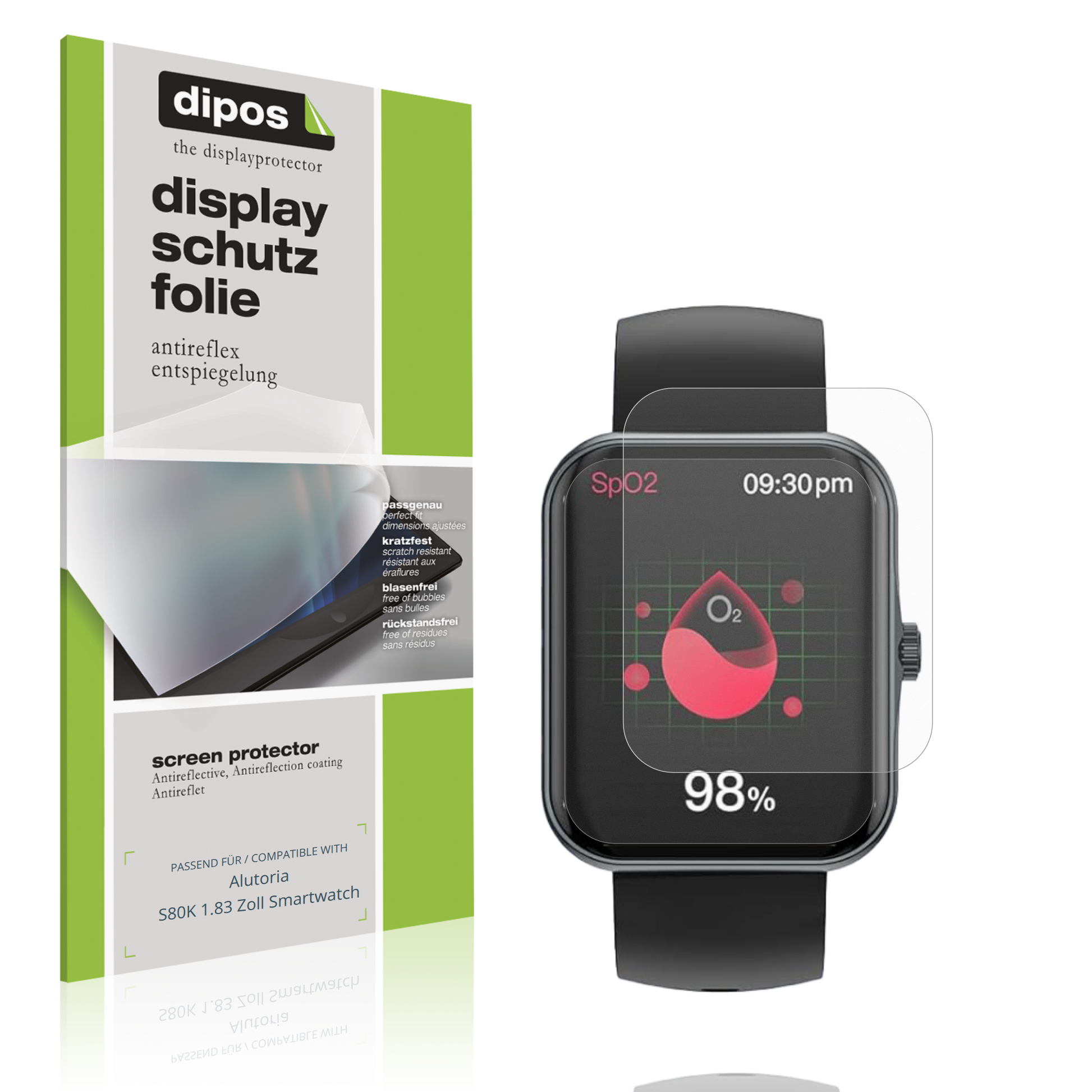 Matte Displayschutzfolie von dipos passend für Alutoria S80K 1.83 Zoll Smartwatch, präziser Zuschnitt und blasenfrei montiert
