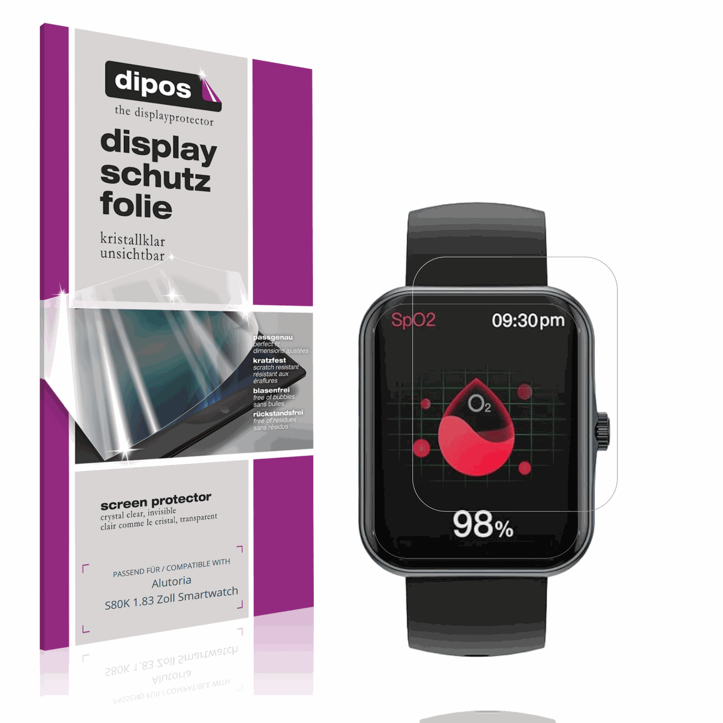Klare Displayschutzfolie von dipos passend für Alutoria S80K 1.83 Zoll Smartwatch, präziser Zuschnitt und blasenfrei montiert