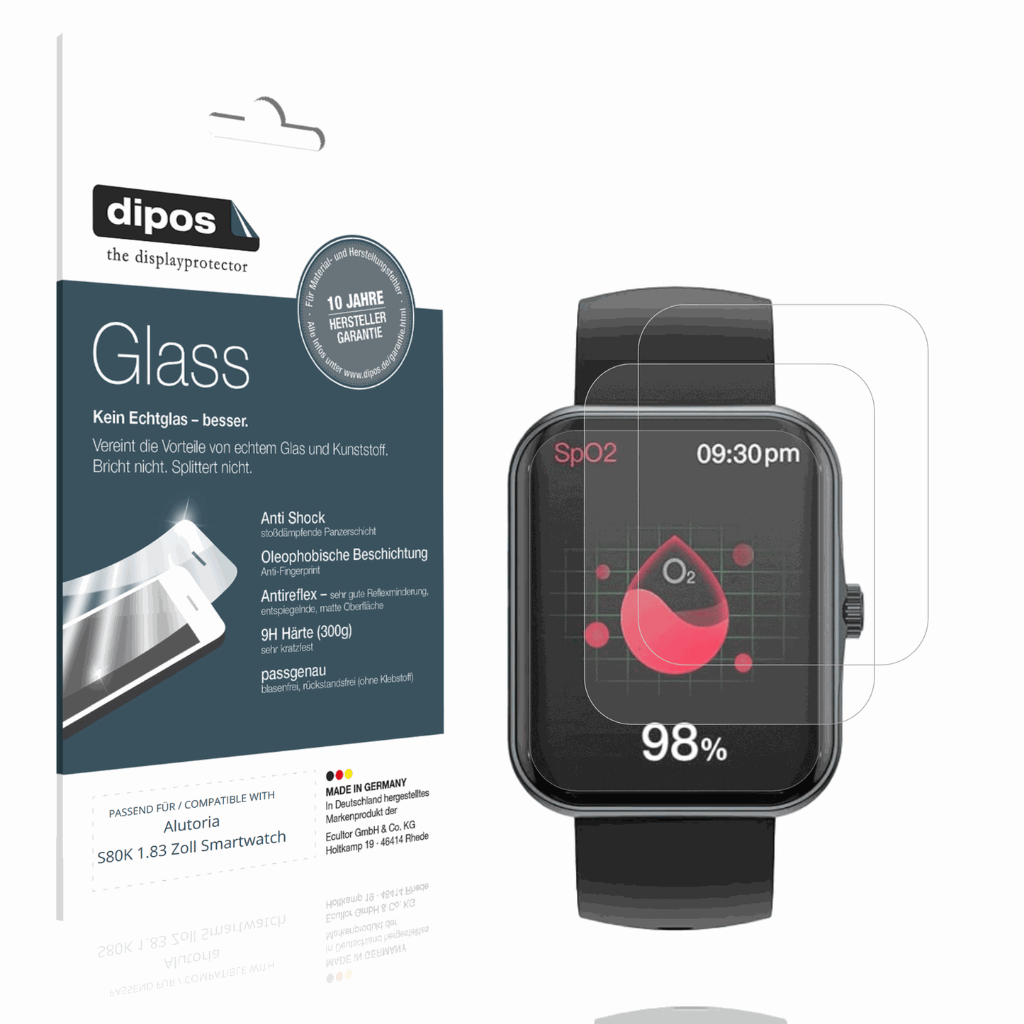Matte Displayschutzfolie von dipos passend für Alutoria S80K 1.83 Zoll Smartwatch, 9H kratzfest und blasenfrei montiert