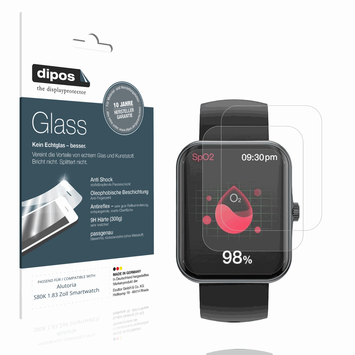 Matte Displayschutzfolie von dipos passend für Alutoria S80K 1.83 Zoll Smartwatch, 9H kratzfest und blasenfrei montiert