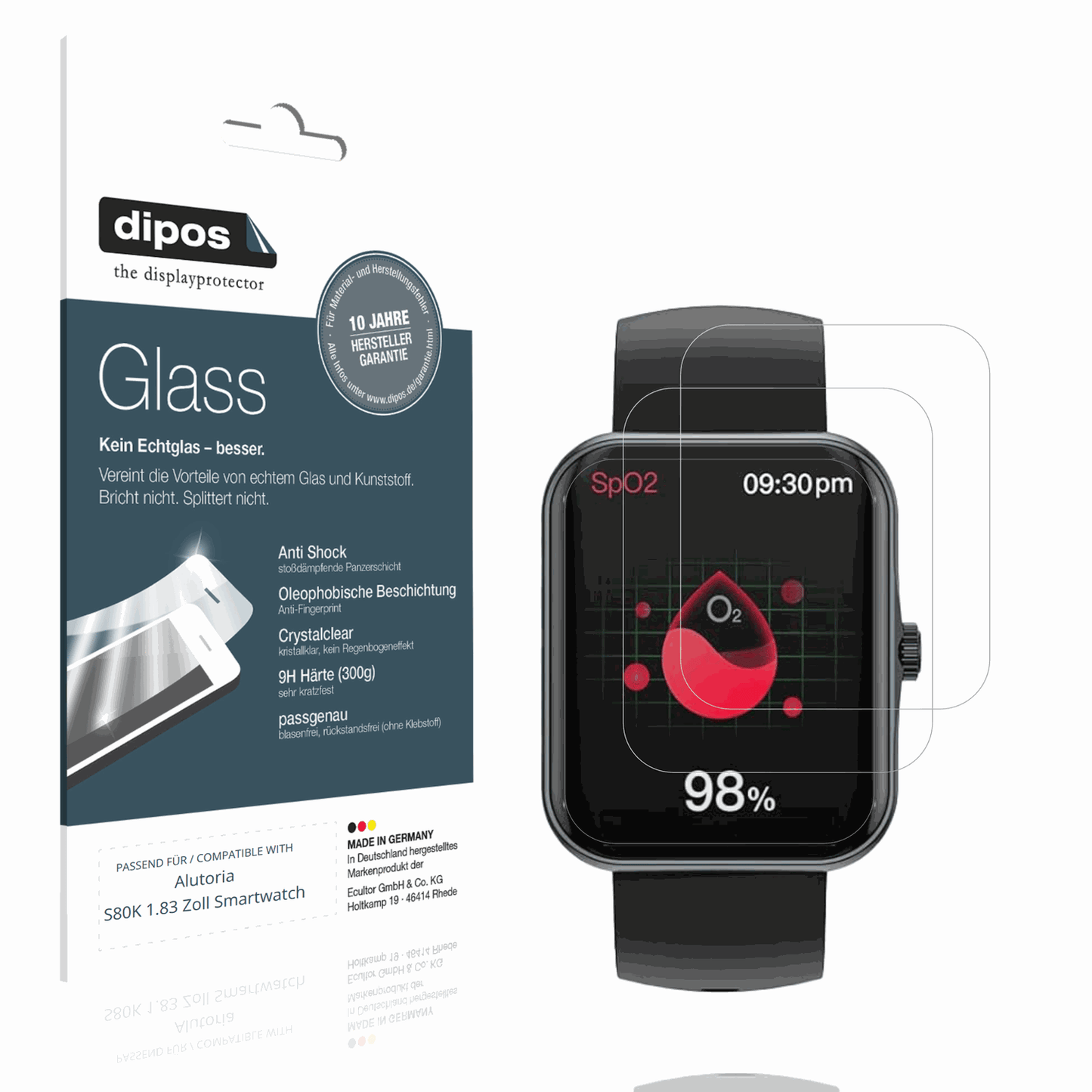 Klare Displayschutzfolie von dipos passend für Alutoria S80K 1.83 Zoll Smartwatch, 9H kratzfest und blasenfrei montiert