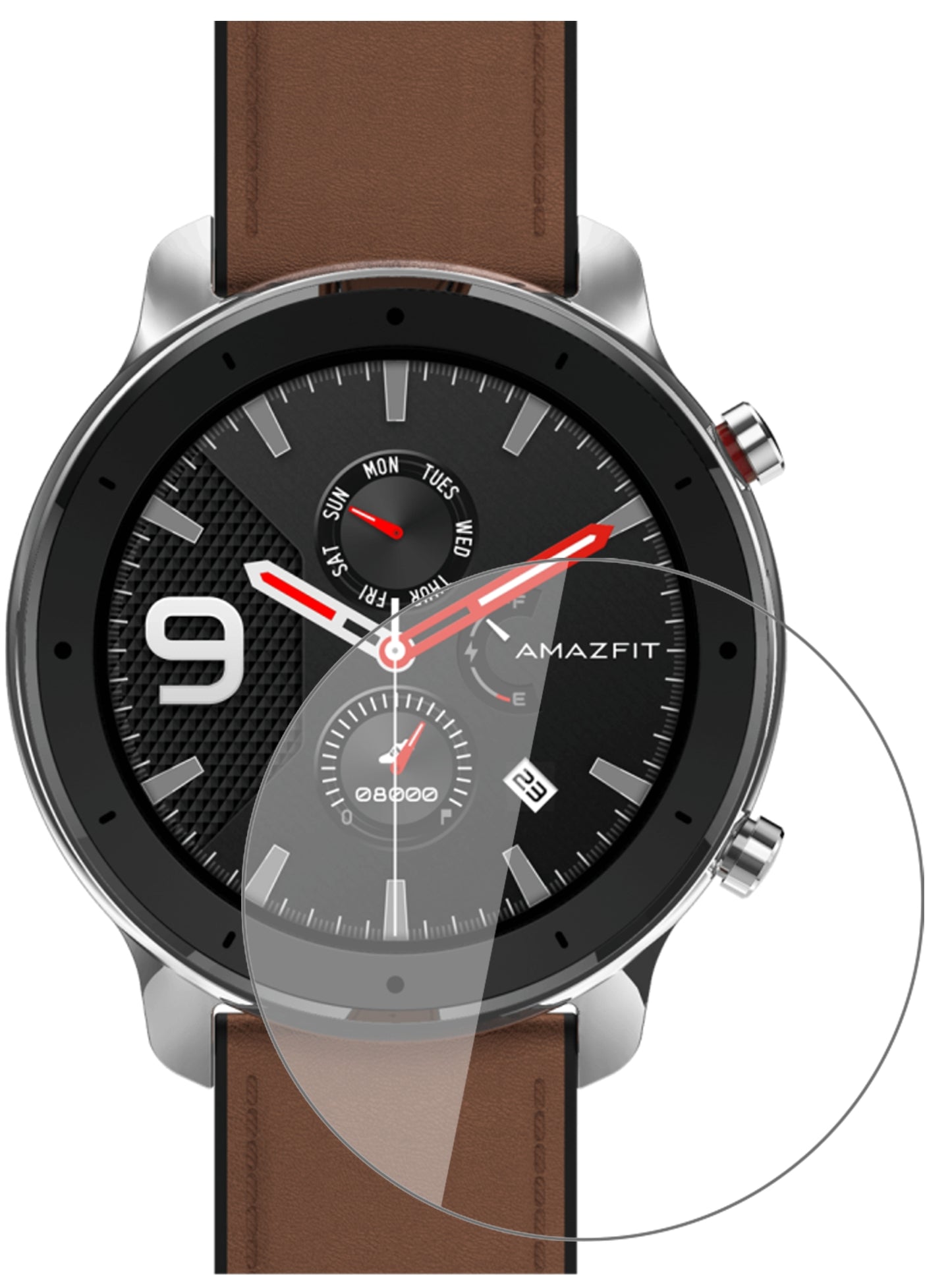AmazfitGTR 47mm Smartwatch mit aufgebrachter dipos Flex Schutzfolie, glasklare Darstellung ohne Einschränkungen