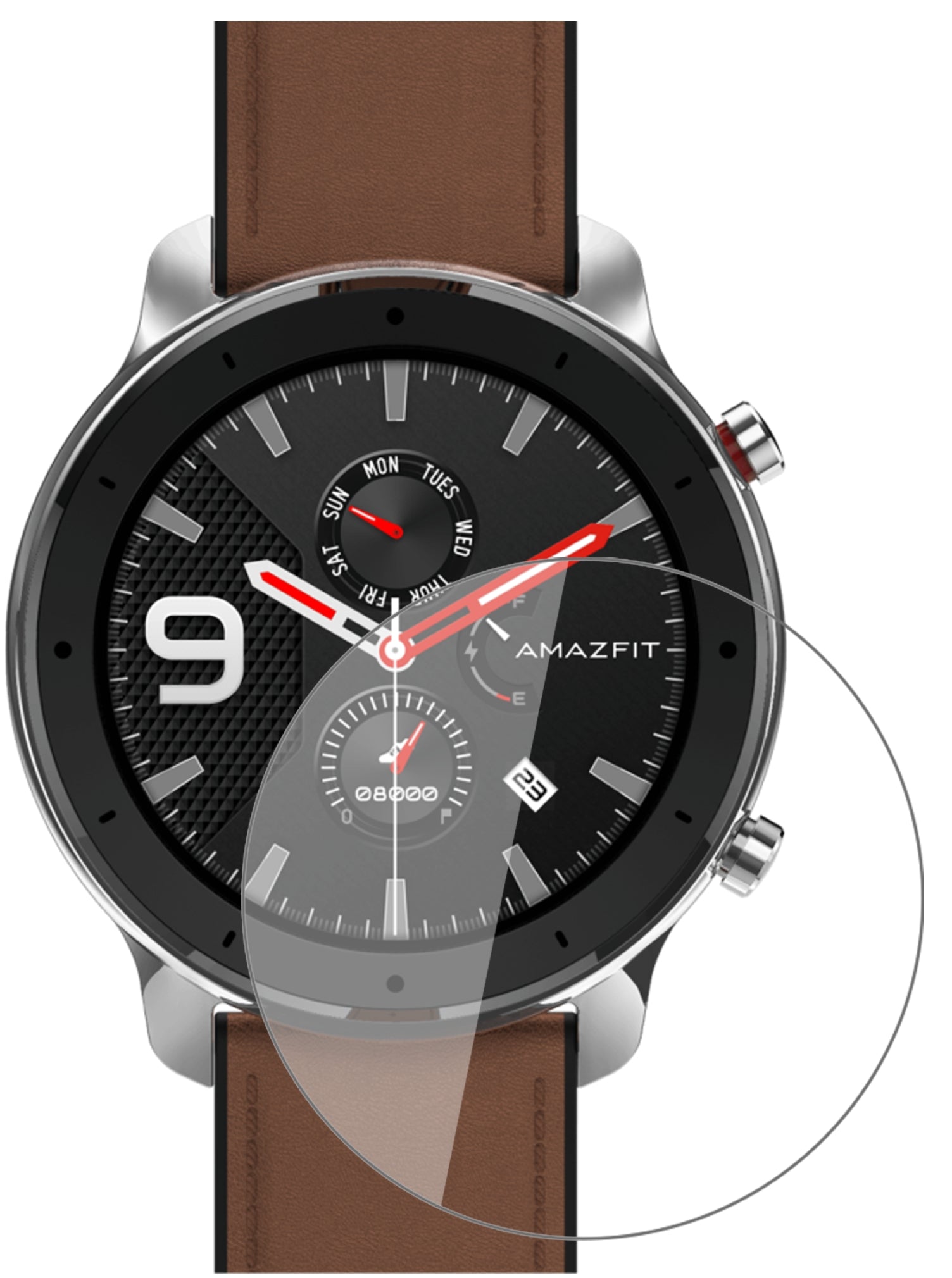 AmazfitGTR 47mm Smartwatch mit aufgebrachter dipos Flex Schutzfolie, glasklare Darstellung ohne Einschränkungen
