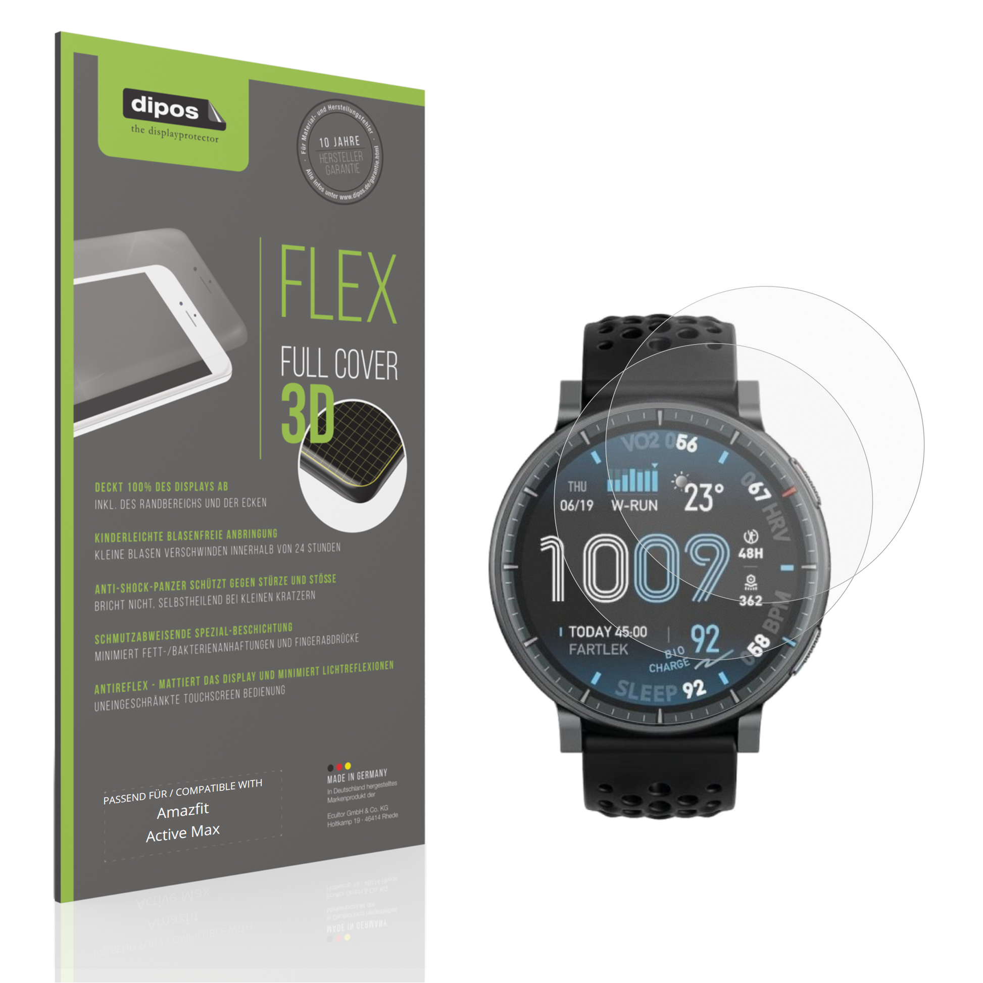 Matte Displayschutzfolie von dipos passend für Amazfit Active Max, 100% Displayabdeckung und blasenfreie Montage