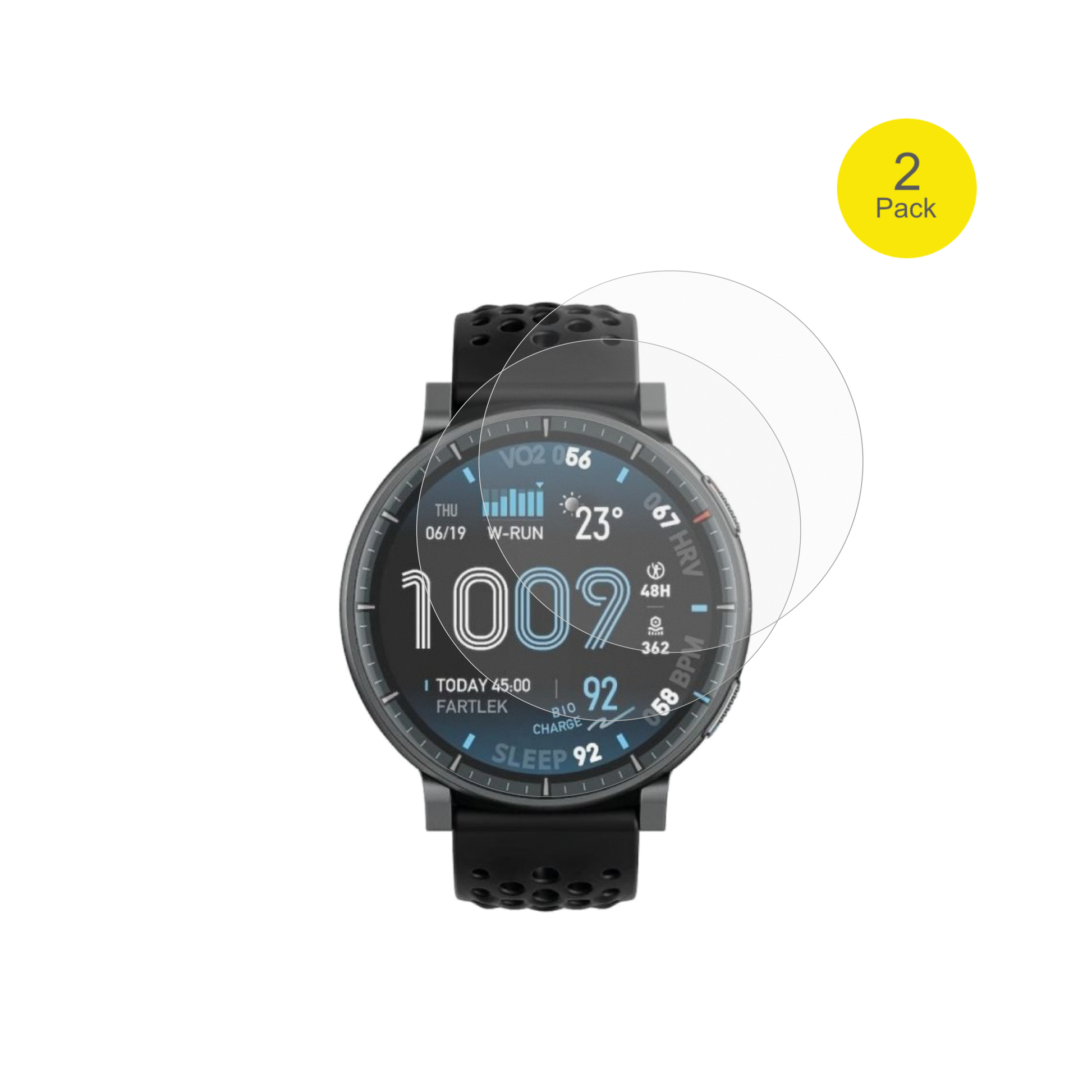 AmazfitActive Max mit aufgebrachter dipos Flex Schutzfolie, glasklare Darstellung ohne Einschränkungen