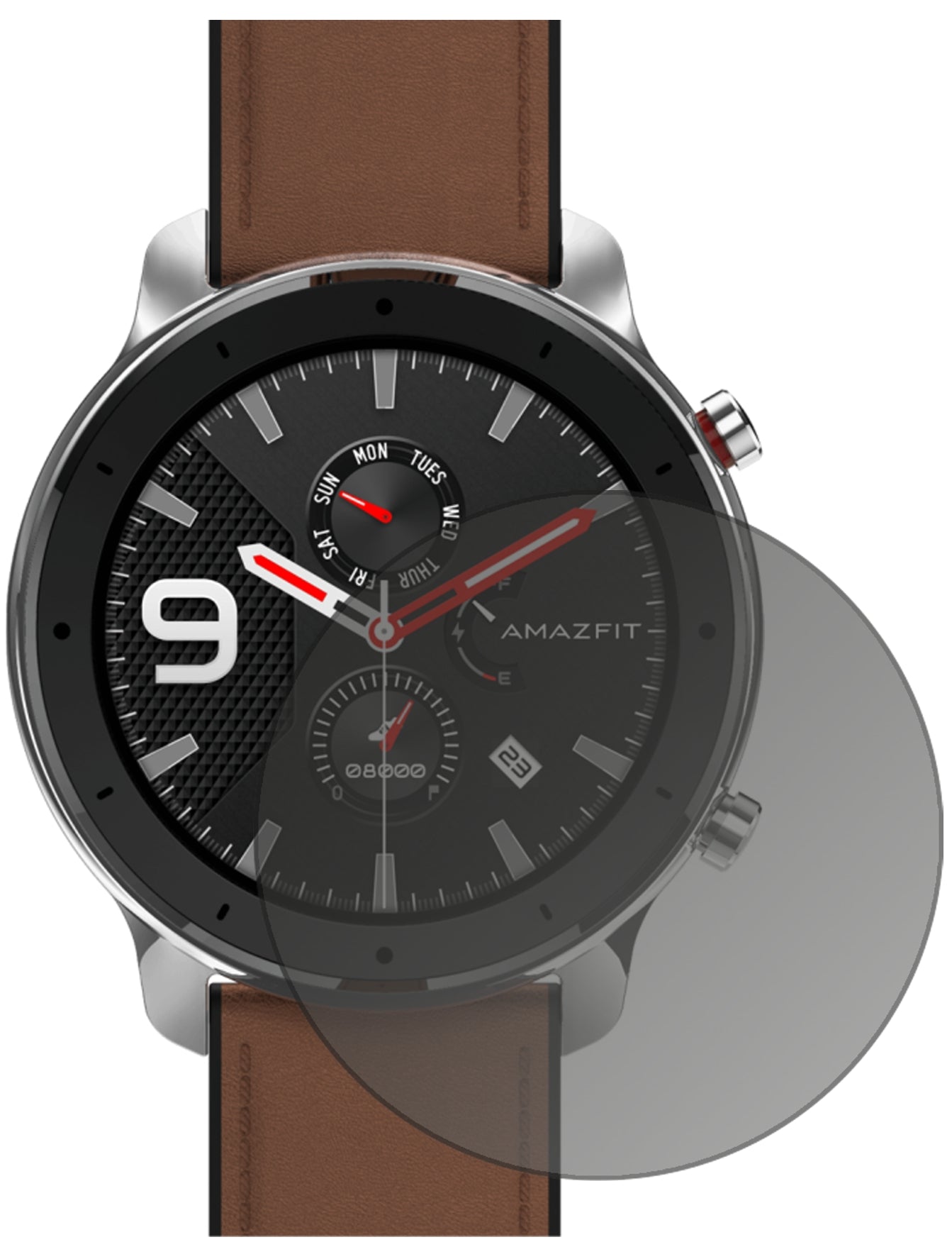 AmazfitGTR 47mm Smartwatch mit aufgebrachtem dipos Displayschutz, der seitliche Einblicke blockiert
