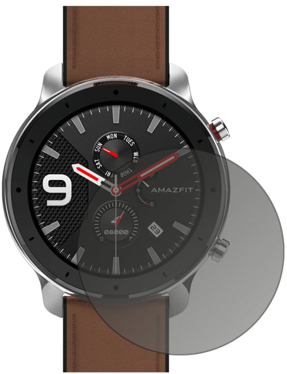 AmazfitGTR 47mm Smartwatch mit aufgebrachtem dipos Displayschutz, der seitliche Einblicke blockiert