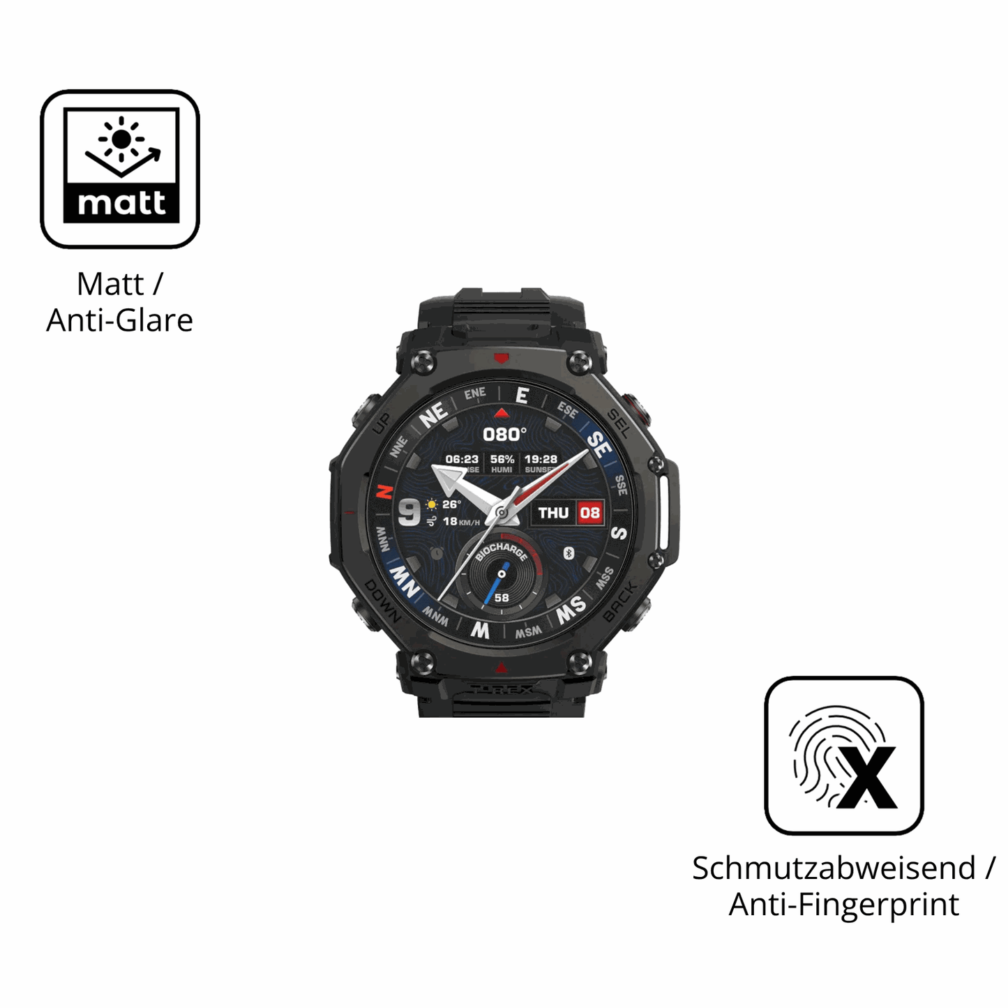 2x 9H Schutzfolie matt für Amazfit T-Rex 3 Pro Panzerfolie
