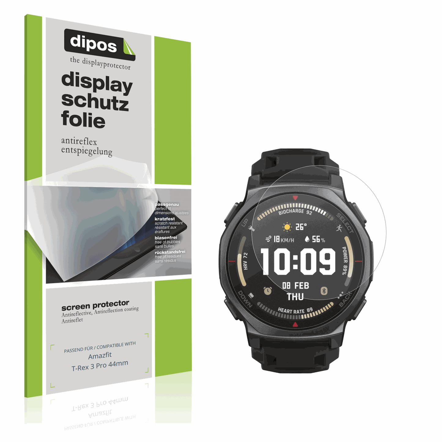 Matte Displayschutzfolie von dipos passend für Amazfit T-Rex 3 Pro 44mm, präziser Zuschnitt und blasenfrei montiert