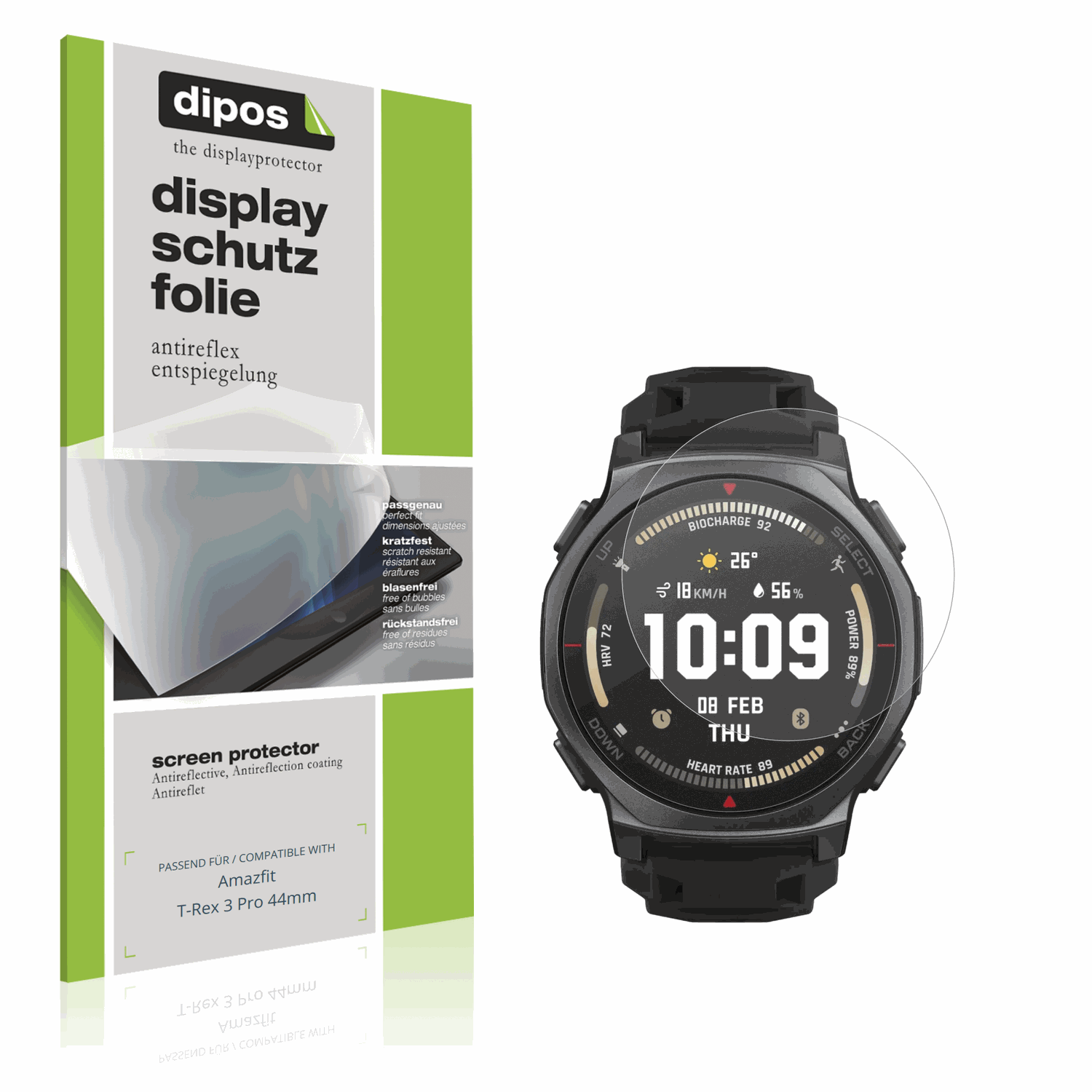 Matte Displayschutzfolie von dipos passend für Amazfit T-Rex 3 Pro 44mm, präziser Zuschnitt und blasenfrei montiert