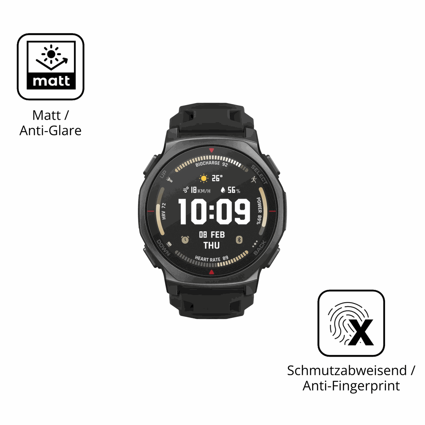 Dünne und entspiegelnde Folie passend zugeschnitten für Amazfit T-Rex 3 Pro 44mm
