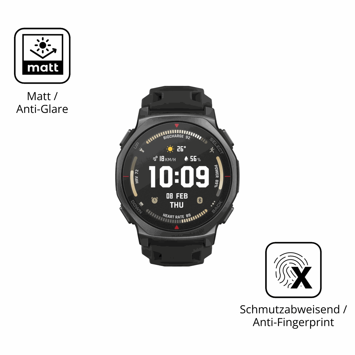 Dünne und entspiegelnde Folie passend zugeschnitten für Amazfit T-Rex 3 Pro 44mm