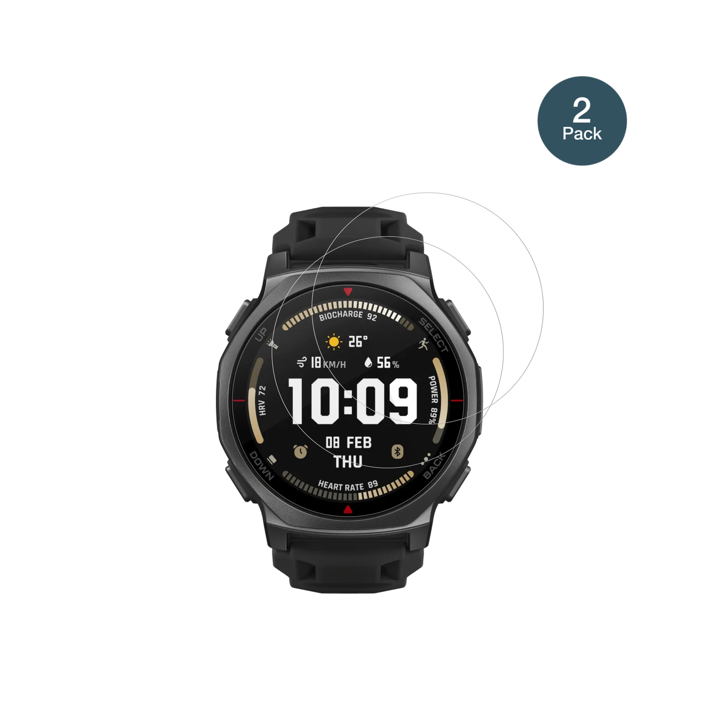 AmazfitT-Rex 3 Pro 44mm mit aufgebrachter dipos Flex Schutzfolie, glasklare Darstellung ohne Einschränkungen