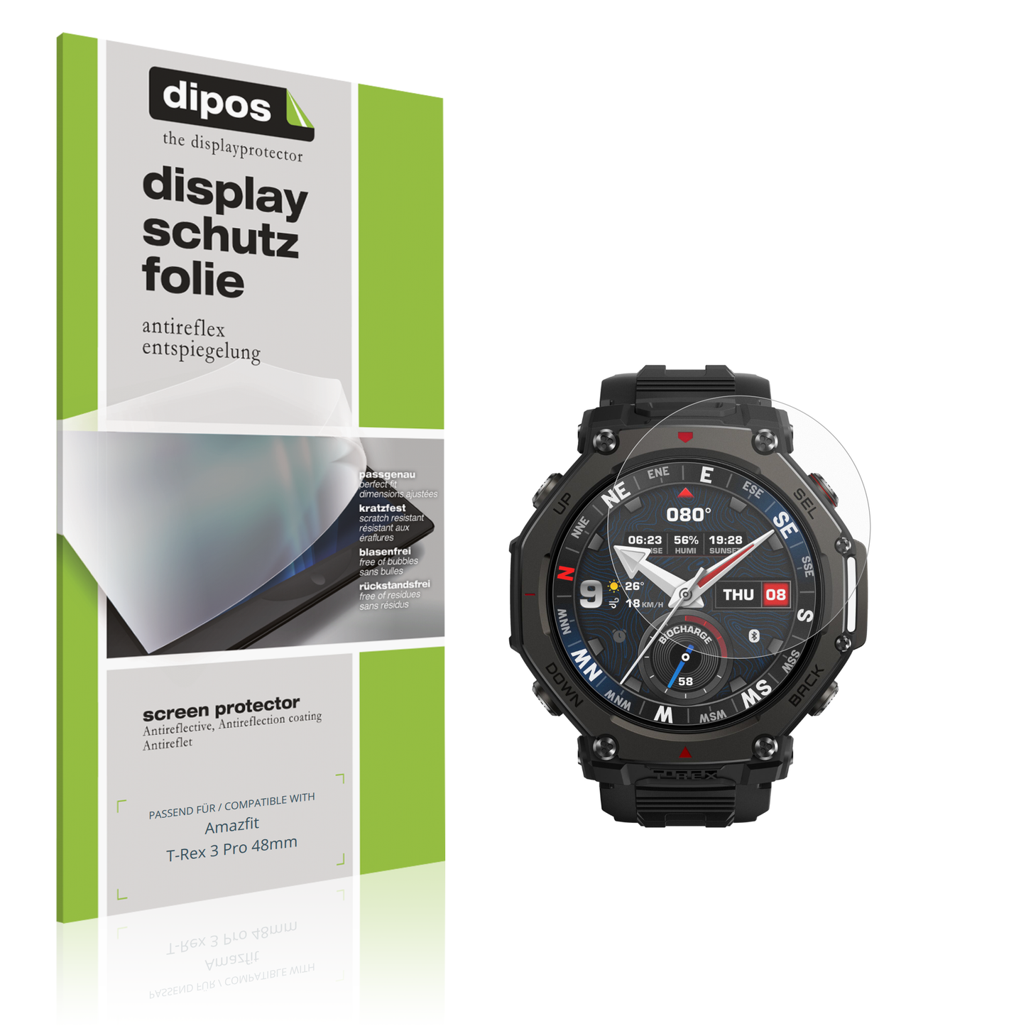 Matte Displayschutzfolie von dipos passend für Amazfit T-Rex 3 Pro 48mm, präziser Zuschnitt und blasenfrei montiert