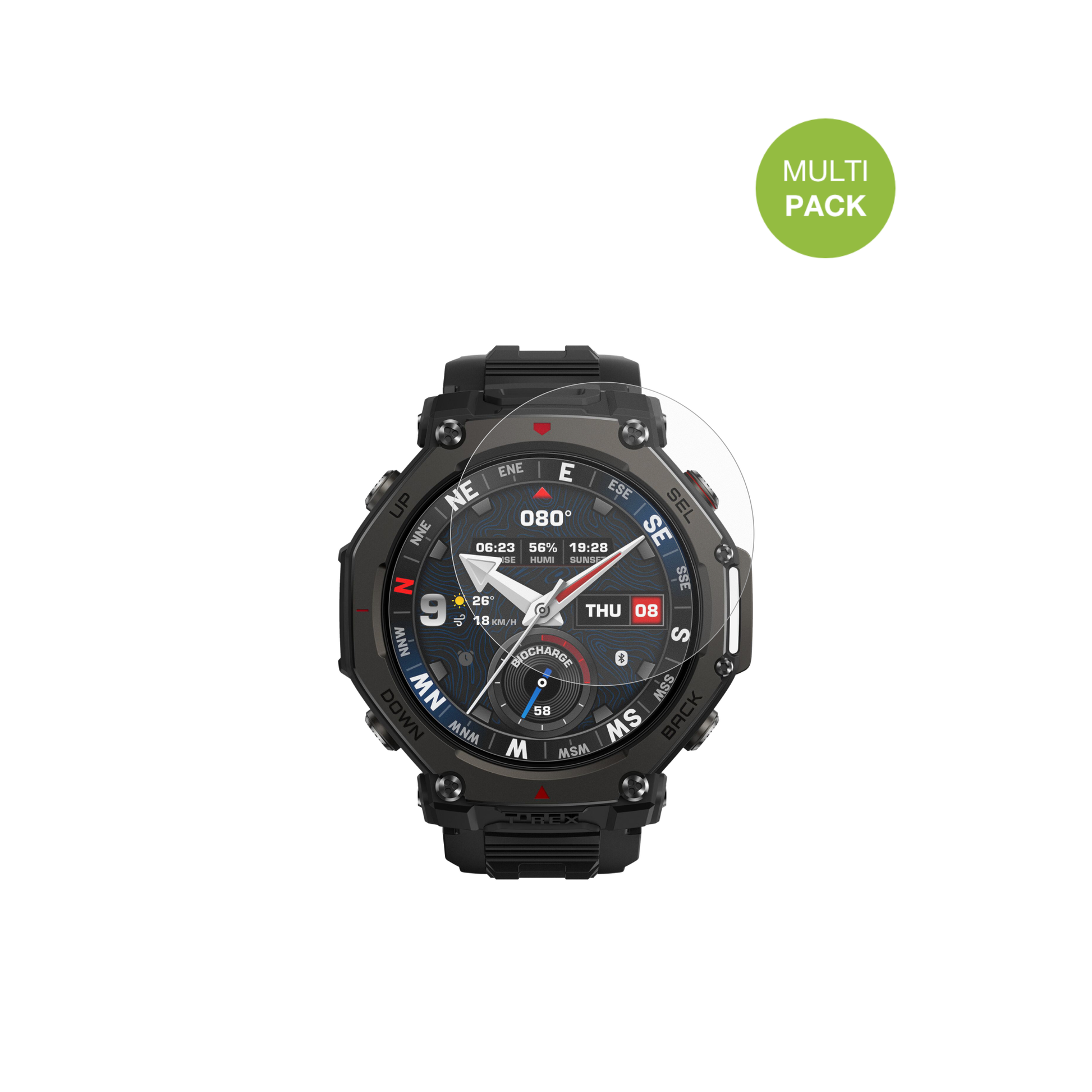 AmazfitT-Rex 3 Pro 48mm mit aufgebrachter dipos Displayschutzfolie, die lästige Fingerabdrücke minimiert