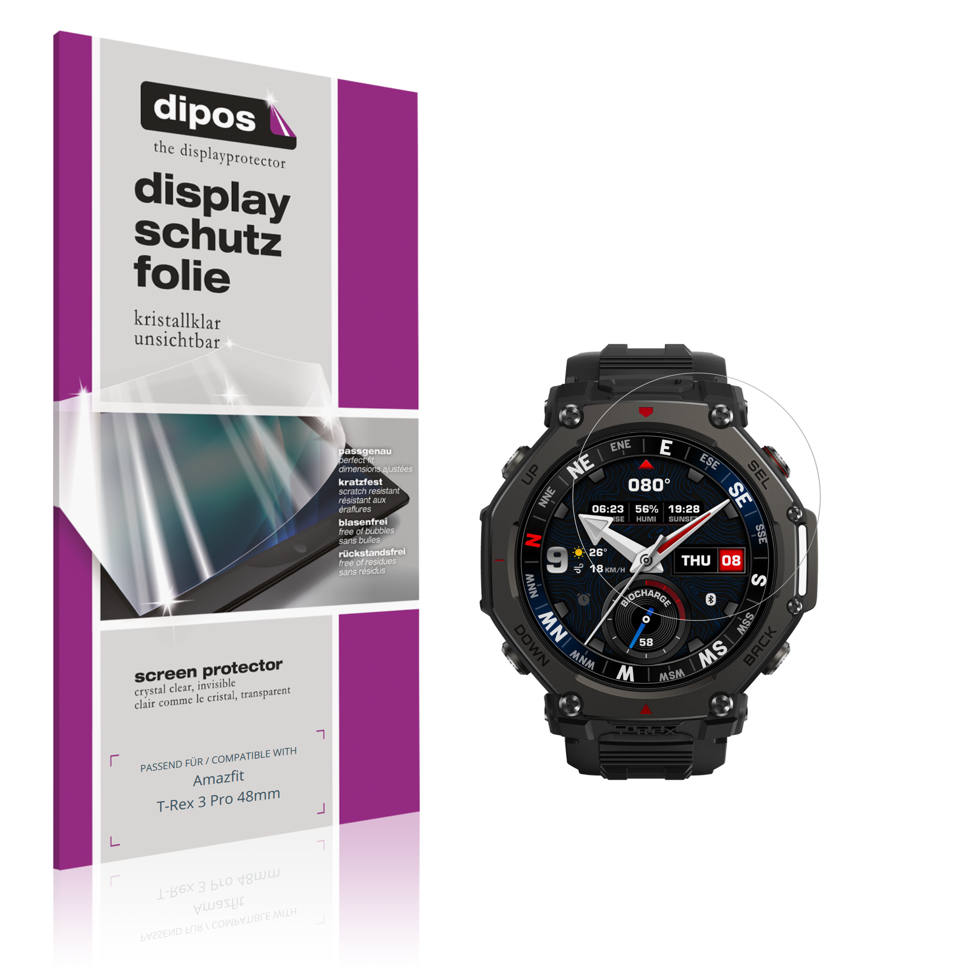 Klare Displayschutzfolie von dipos passend für Amazfit T-Rex 3 Pro 48mm, präziser Zuschnitt und blasenfrei montiert