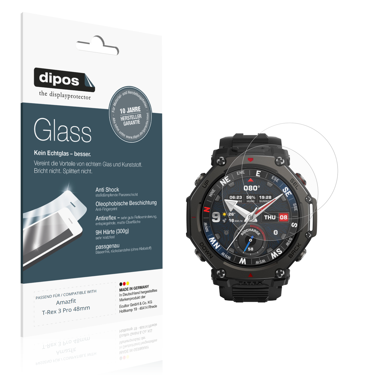 Matte Displayschutzfolie von dipos passend für Amazfit T-Rex 3 Pro 48mm, 9H kratzfest und blasenfrei montiert