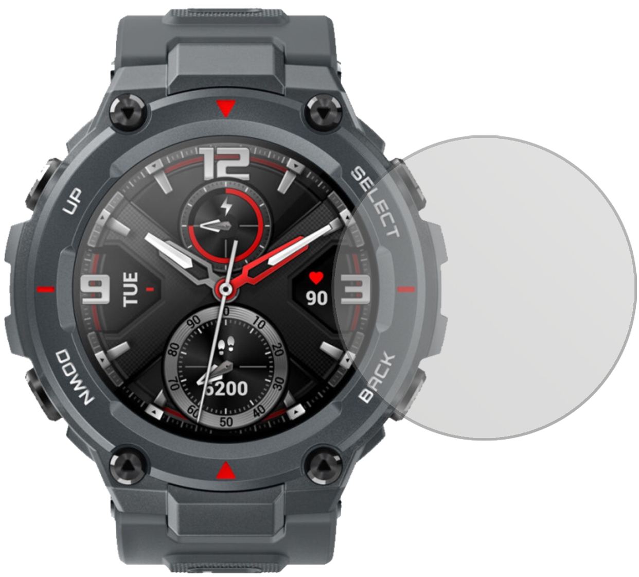 AmazfitT-Rex Smartwatch mit aufgebrachter dipos Displayschutzfolie, die lästige Fingerabdrücke minimiert