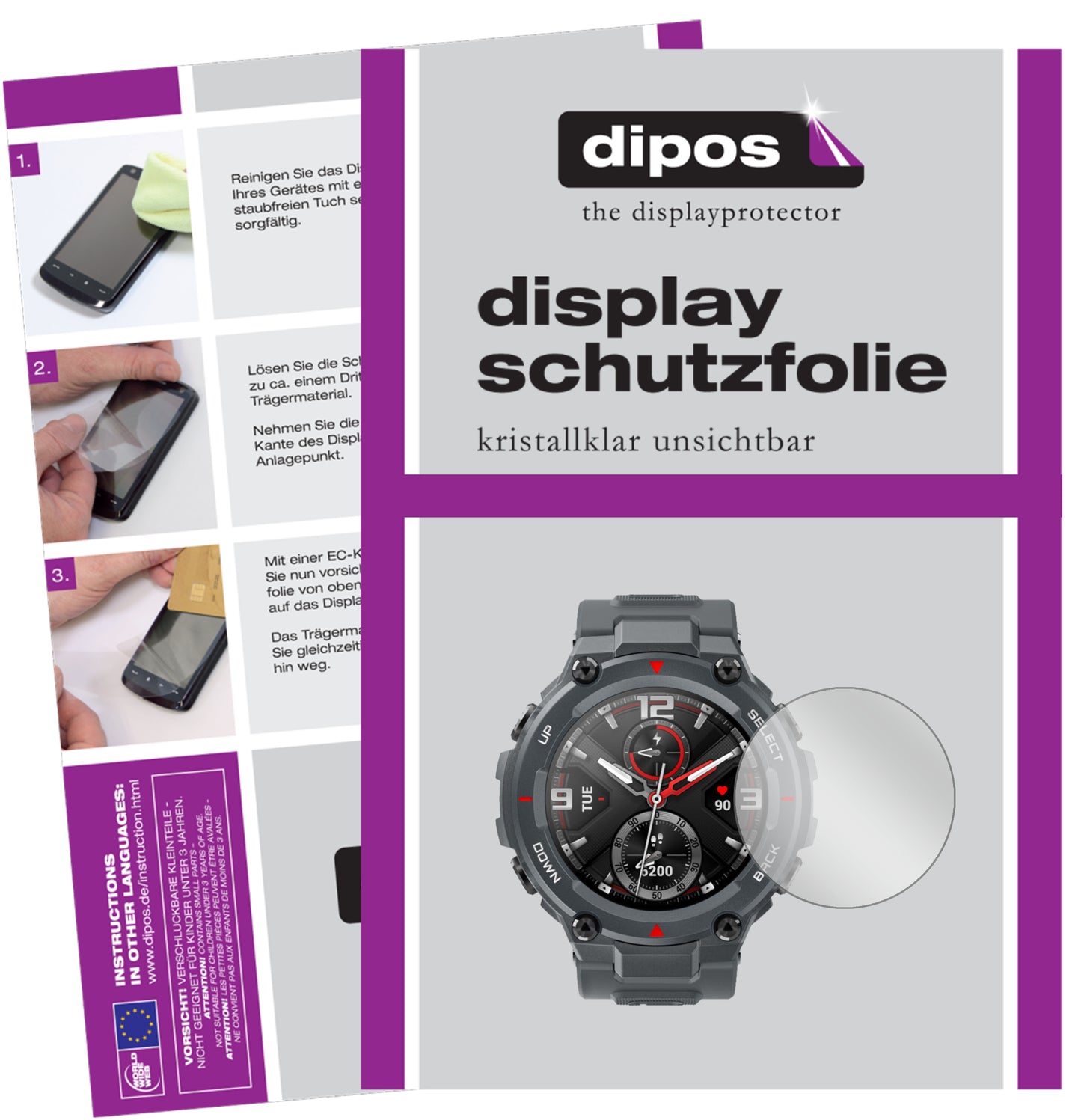Klare Displayschutzfolie von dipos passend für Amazfit T-Rex Smartwatch, präziser Zuschnitt und blasenfrei montiert