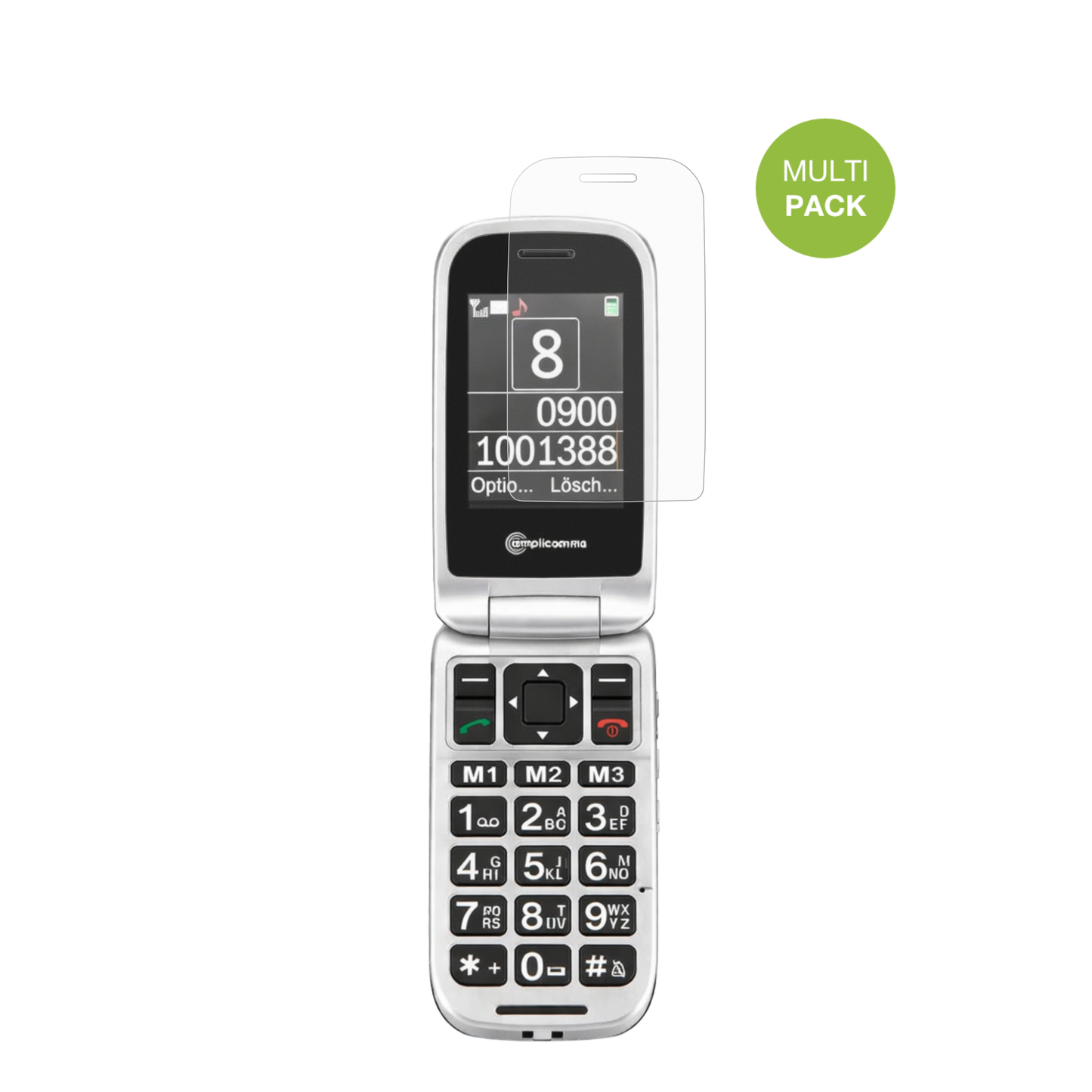 AmplicommsPowerTel M7510-3G Senioren-Handy mit aufgebrachter dipos Displayschutzfolie, die lästige Fingerabdrücke minimiert