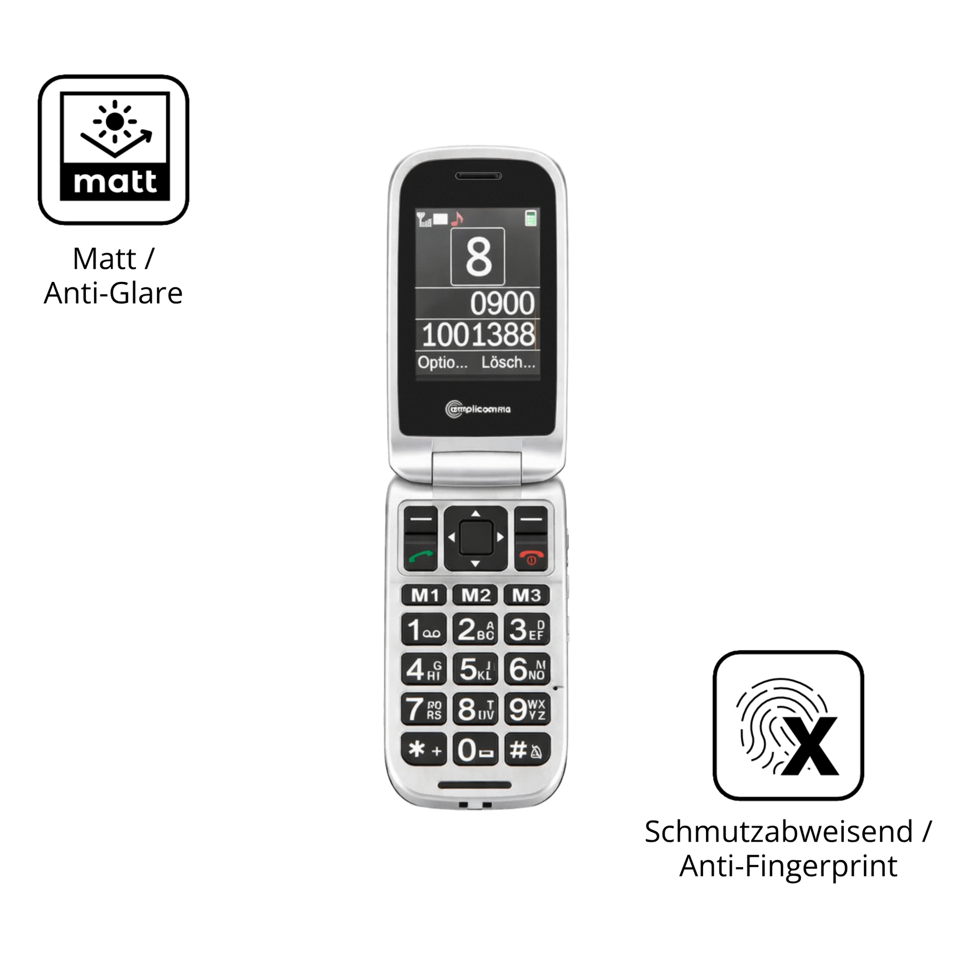 Dünne und entspiegelnde Folie passend zugeschnitten für Amplicomms PowerTel M7510-3G Senioren-Handy